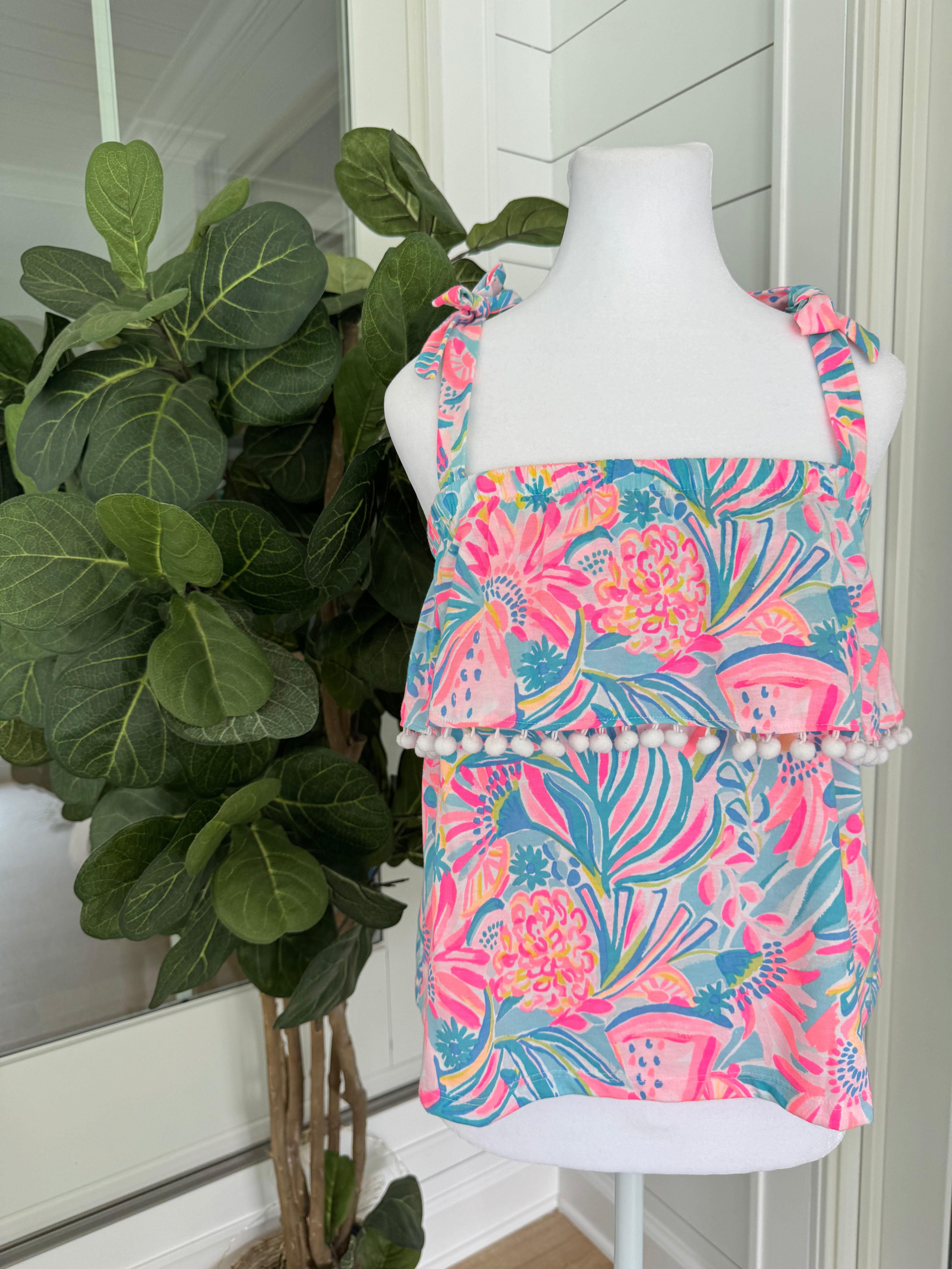 Lilly Pulitzer Pom Pom Top, Pink/Teal Womens Size XXS in excellent condition — Recycled Lines, Fairfield CT | Premium Sustainable Consignment