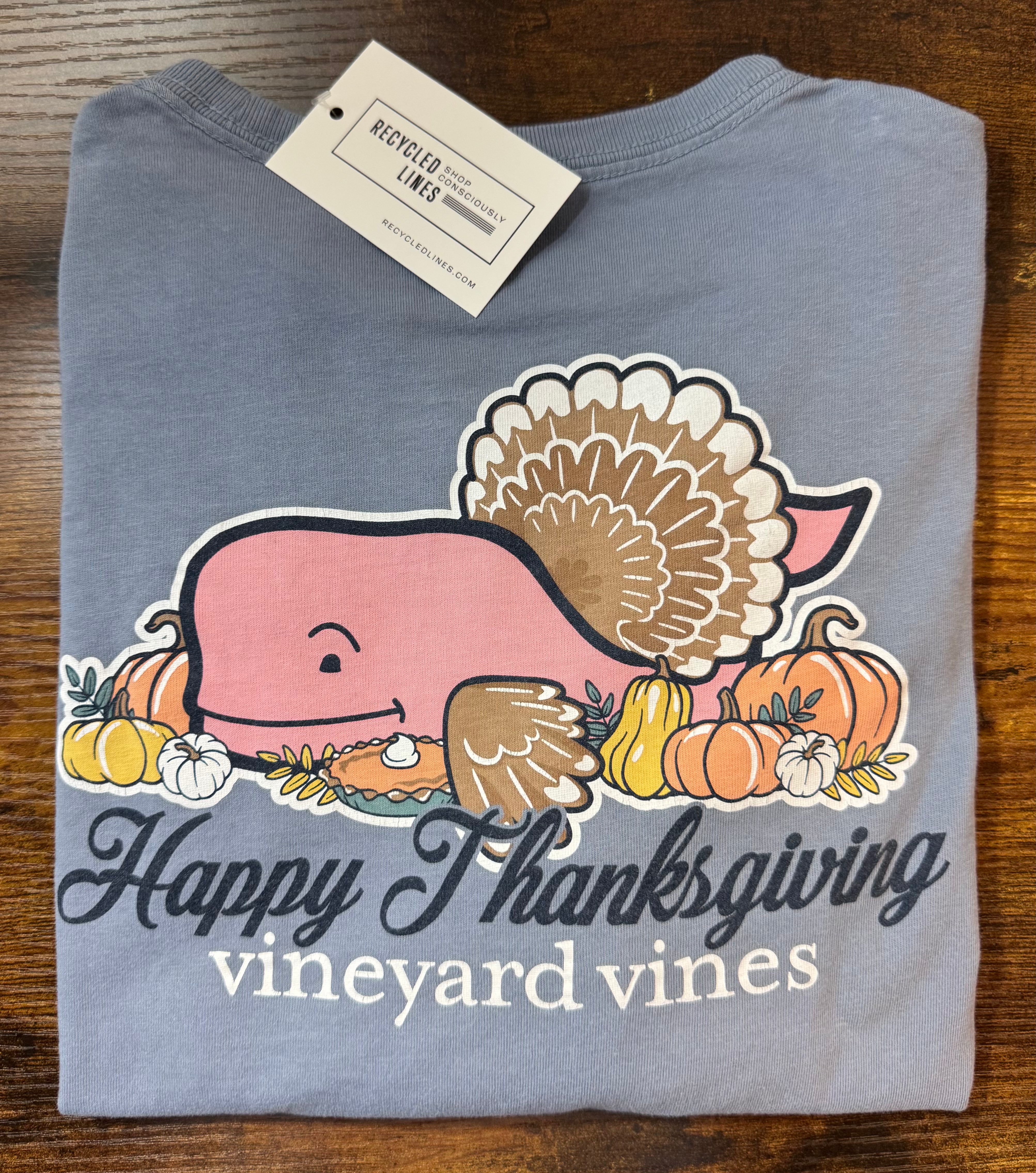 Vineyard Vines Thanksgiving Tee, Dusty Blue Boys Size S (8/10)