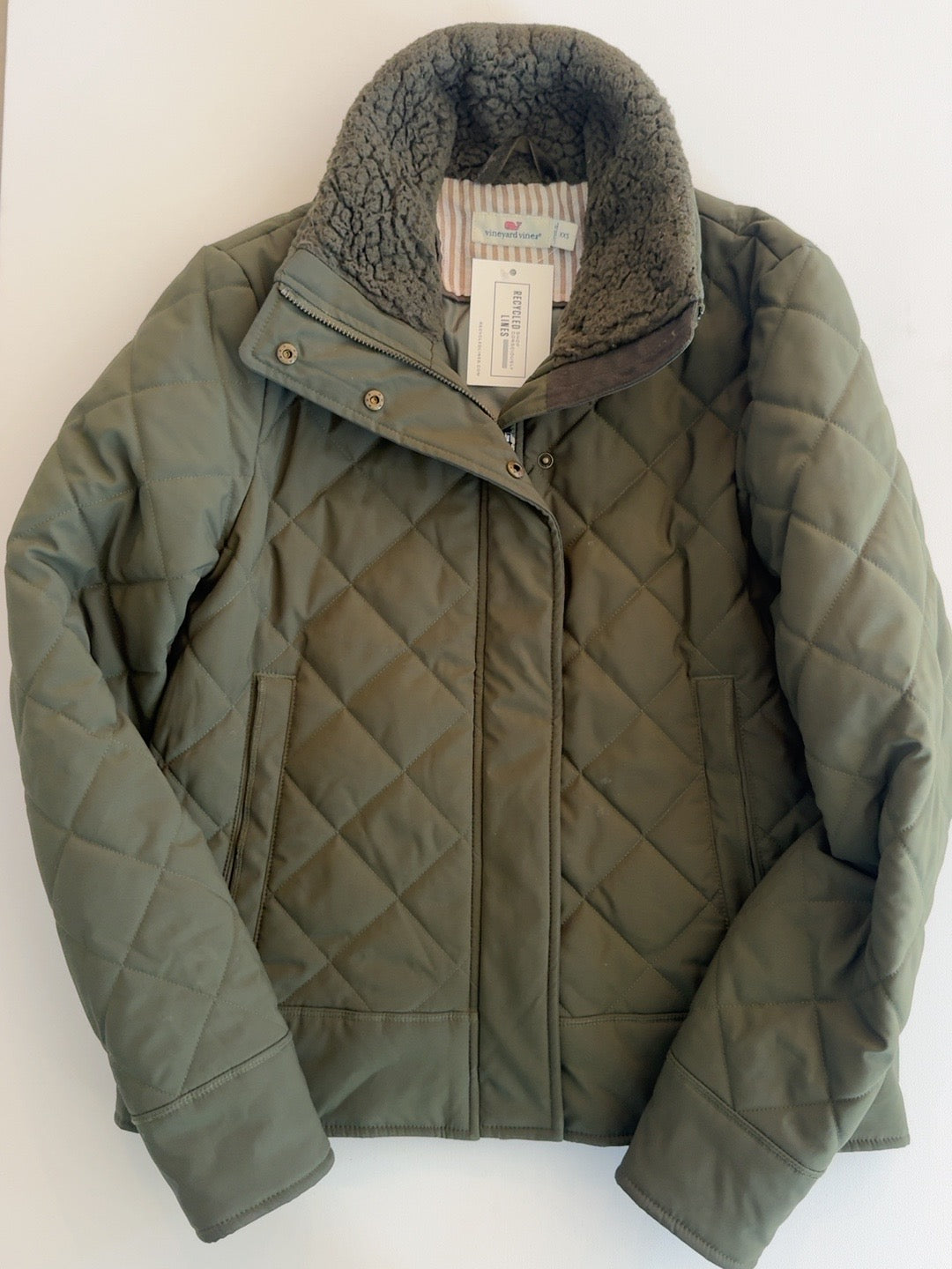 Vineyard Vines olive quilted jacket with sherpa collar women's size XXS