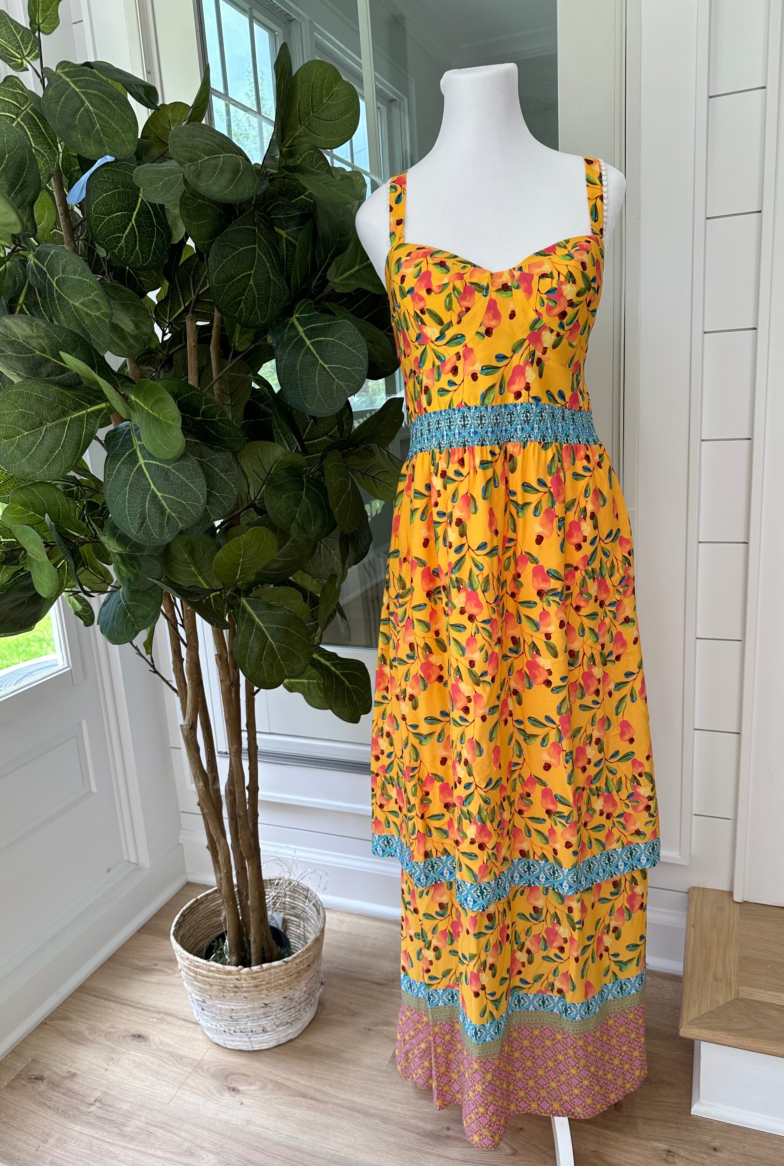 FARM RIO Anjou Tiered Maxi Dress, Yellow Womens Size 12 in excellent condition — Recycled Lines, Fairfield CT | Premium Sustainable Consignment