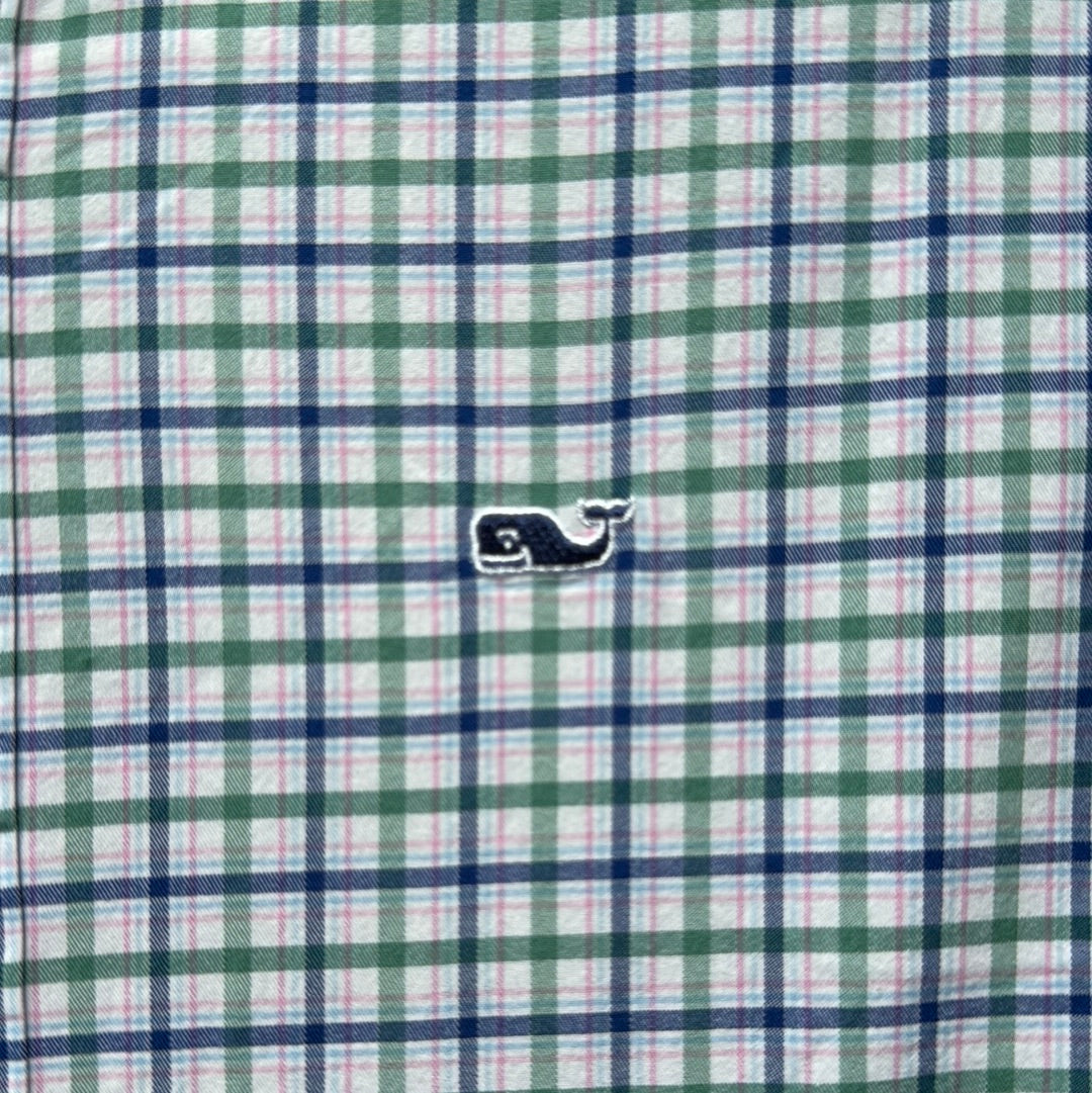 Vineyard Vines Performance Button Down, Blue/Green Plaid Boys Size L (16)