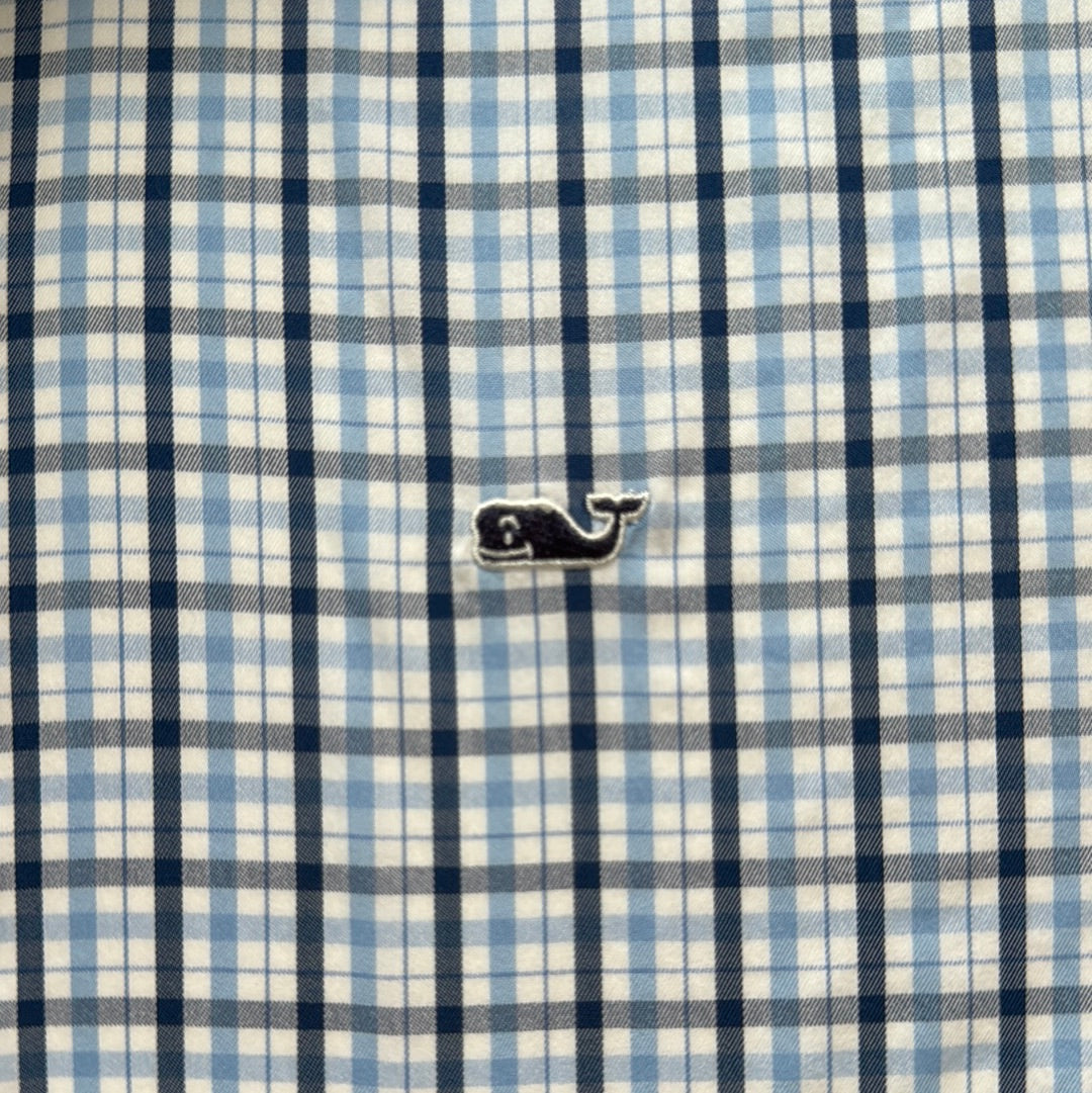 Vineyard Vines Performance Button Down, Blue Plaid Boys Size M (12/14)