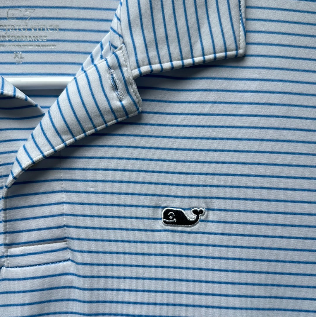 Vineyard Vines Performance Polo, Blue/White Stripe Boys Size XL (18)