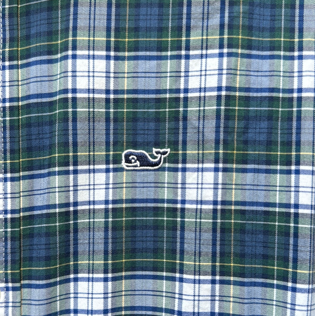 Vineyard Vines Performance Button Down, Navy/Green Plaid Boys Size S (8/10)