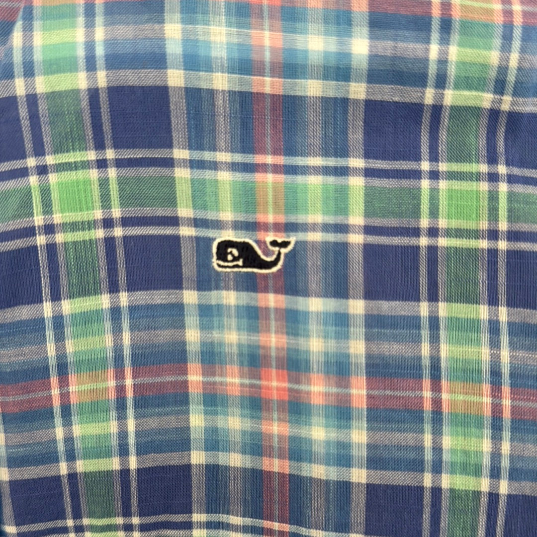 Vineyard Vines Button Down, Blue/Mint/Pink Plaid Boys Size L (16/18)