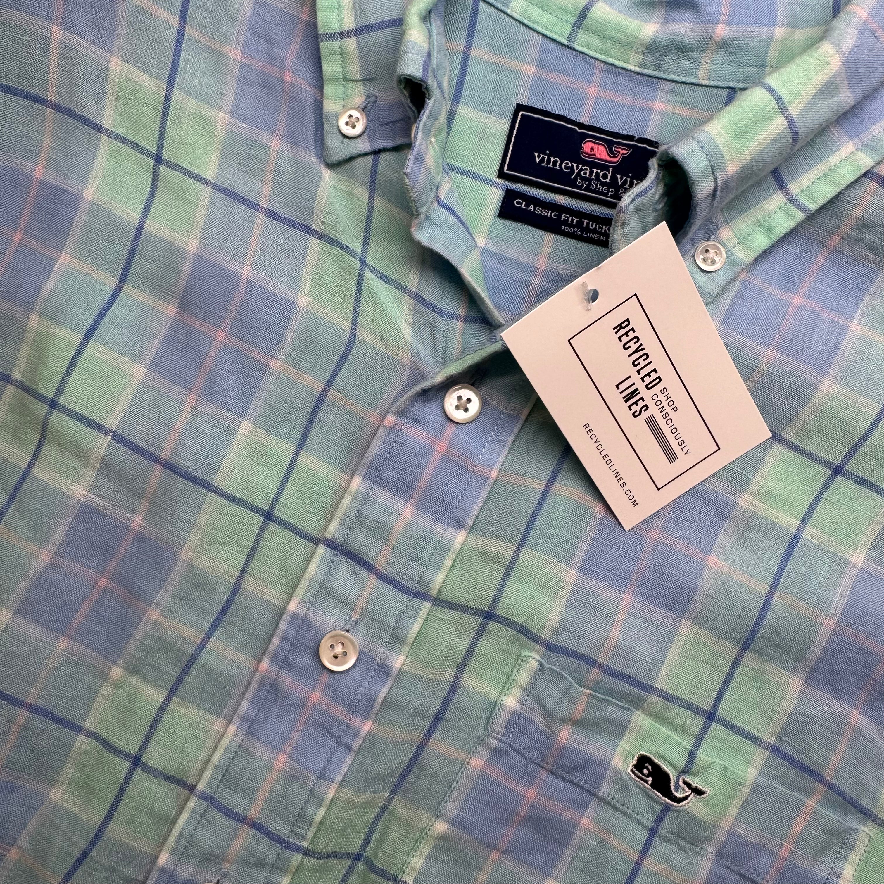 Vineyard Vines Linen Button Down, Blue/Mint Mens Size S in excellent condition — Recycled Lines, Fairfield CT | Premium Sustainable Consignment