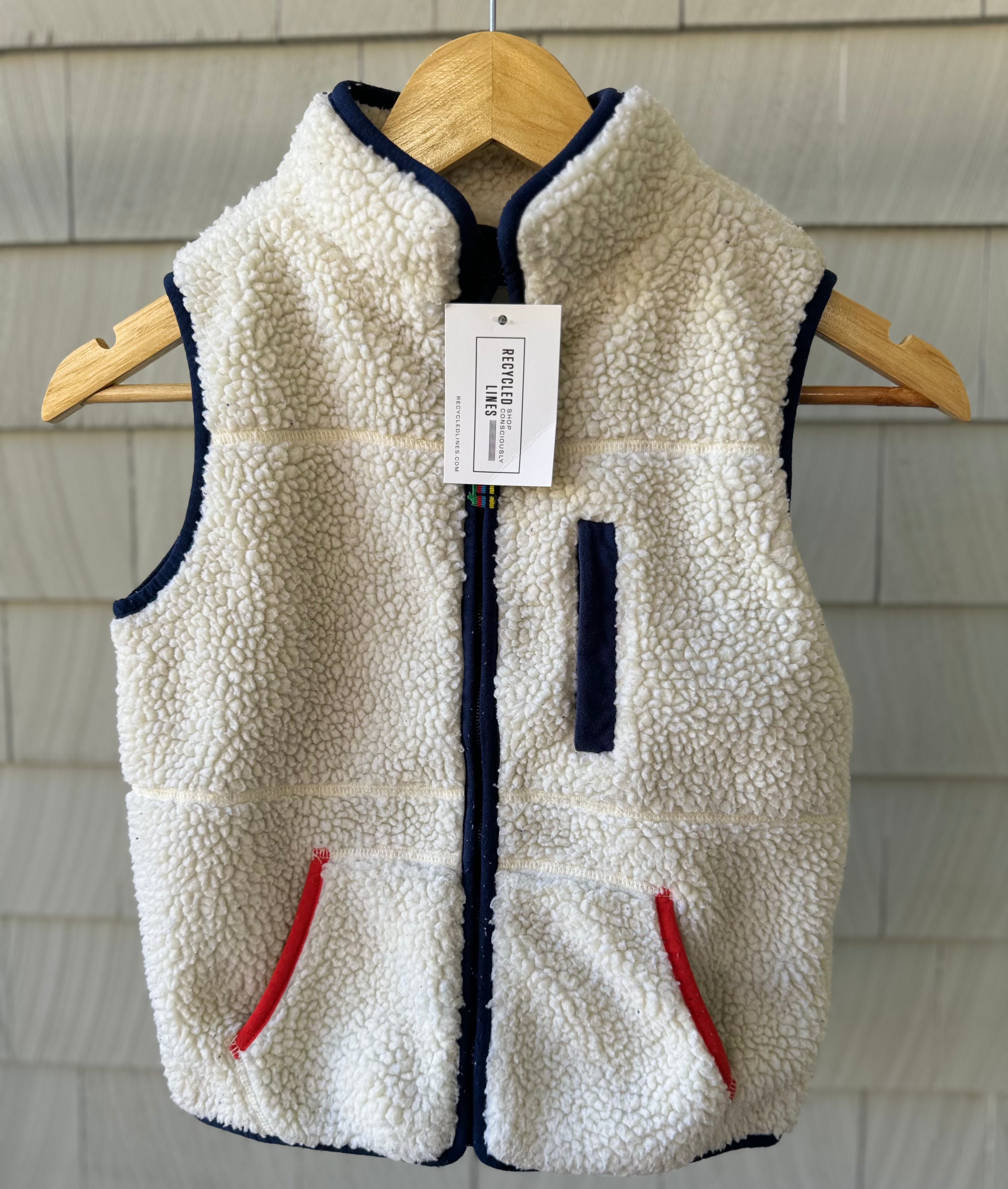 Mini Boden Sherpa Vest, Cream/Navy Boys Size 7/8