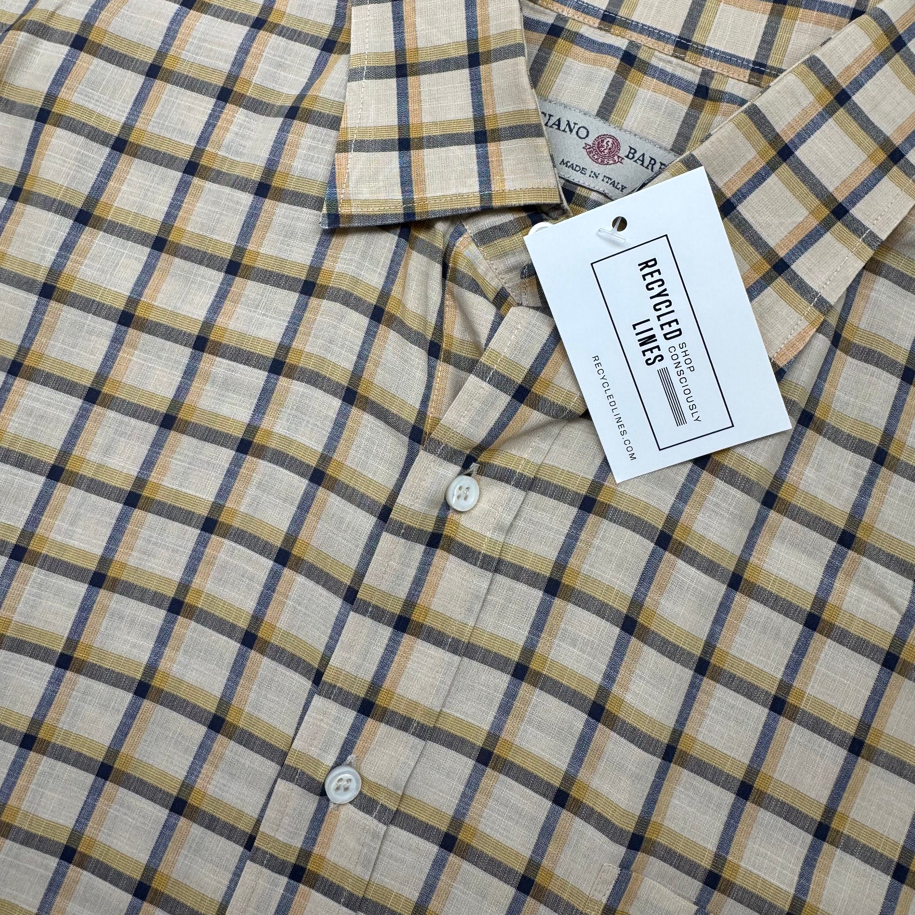 Luciano Barbera Plaid Button Down, Tan/Navy Mens Size L