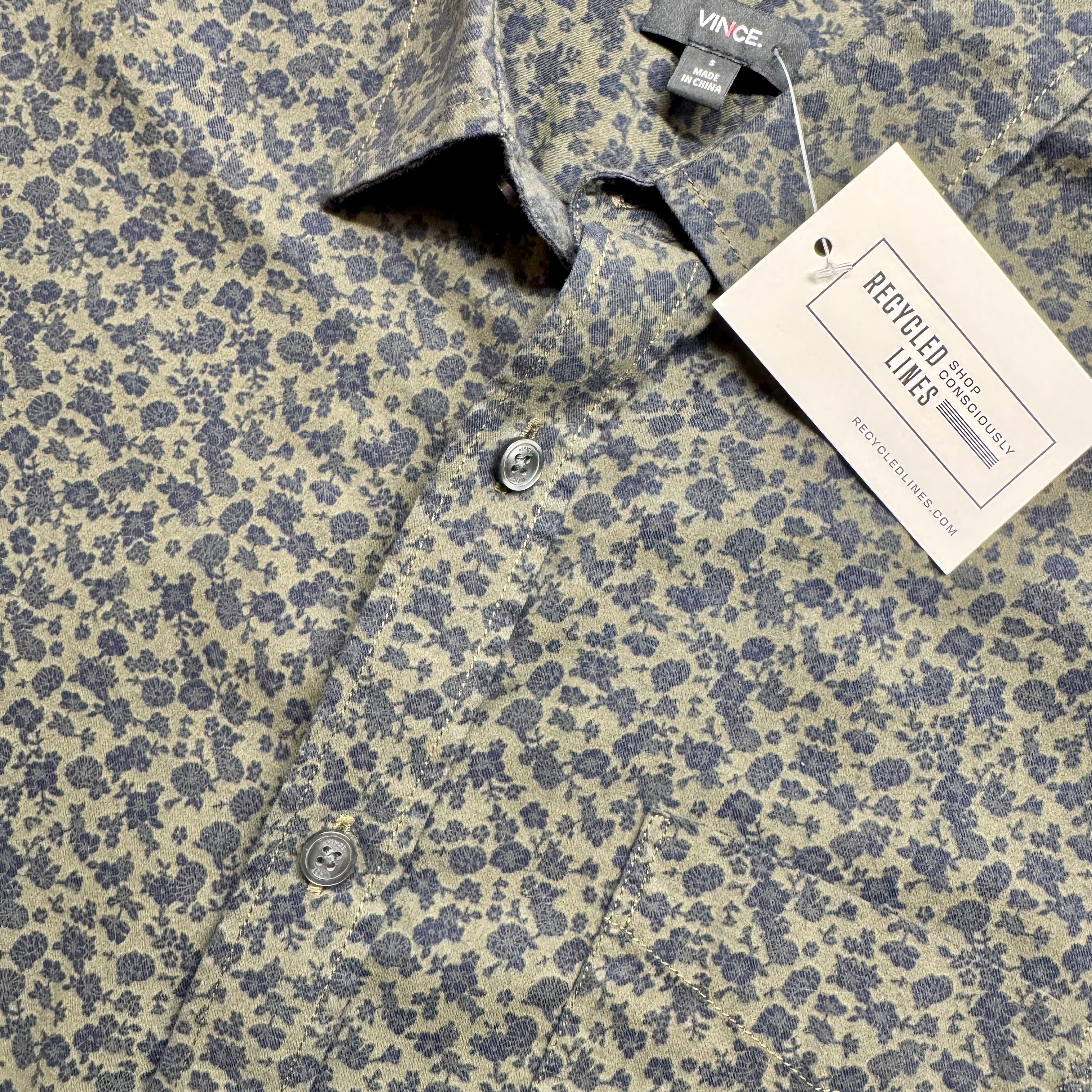 Vince Floral Button Down, Olive/Navy Mens Size S in excellent condition — Recycled Lines, Fairfield CT | Premium Sustainable Consignment