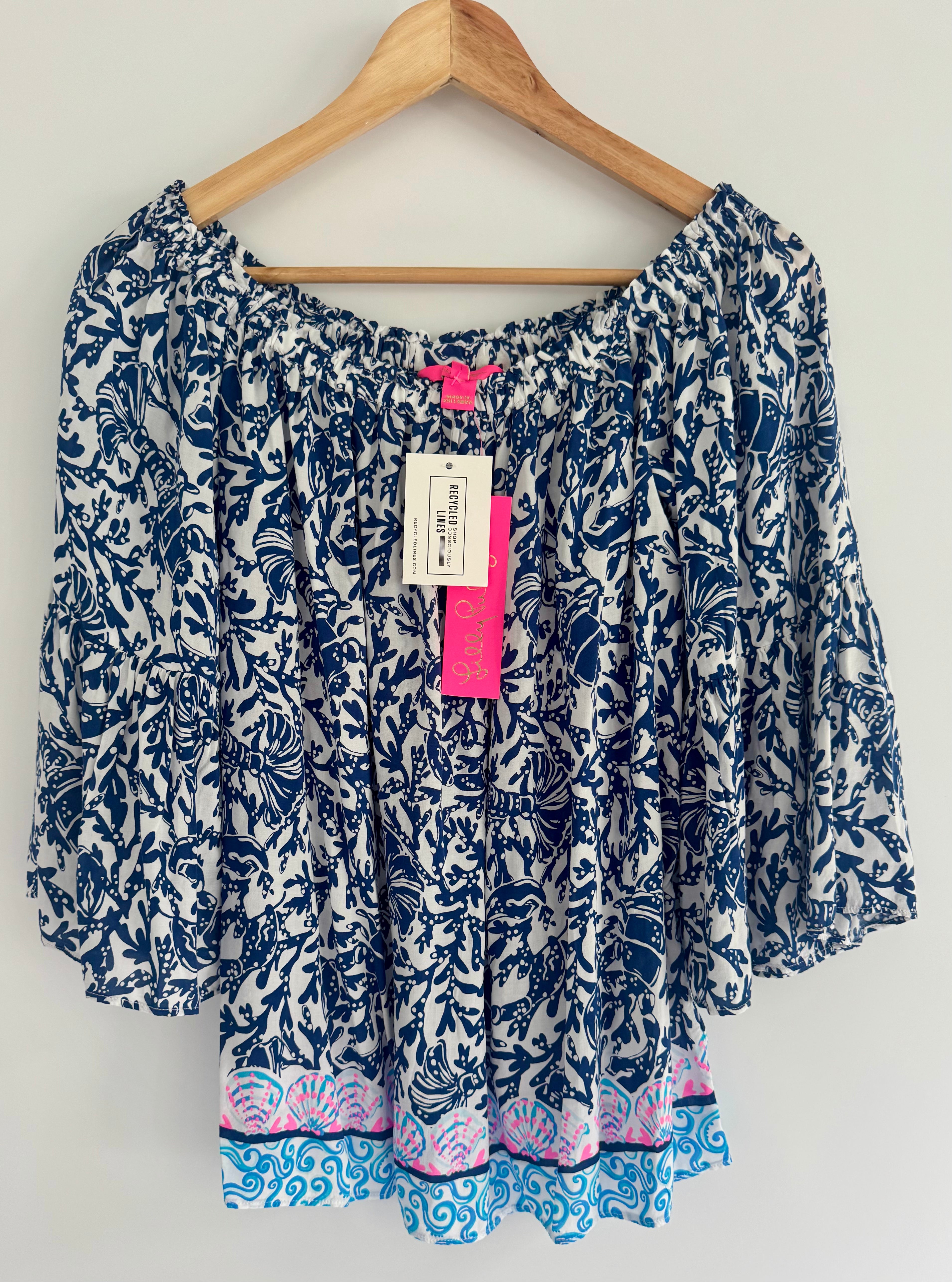 Lilly Pulitzer NWT Off Shoulder Blouse, Navy/White Womens Size S