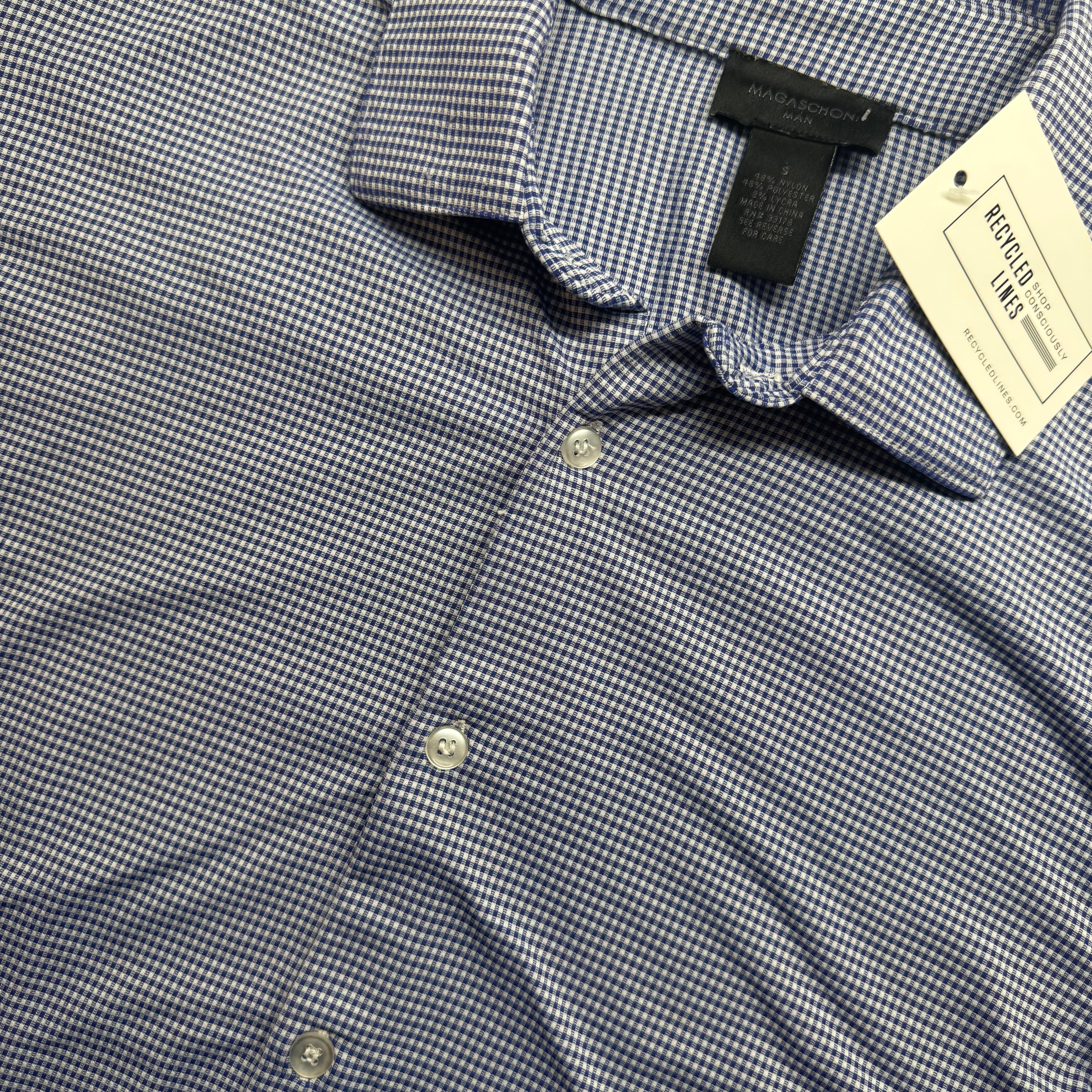 Magaschoni Performance Button Down, Navy/White Mens Size S in excellent condition — Recycled Lines, Fairfield CT | Premium Sustainable Consignment