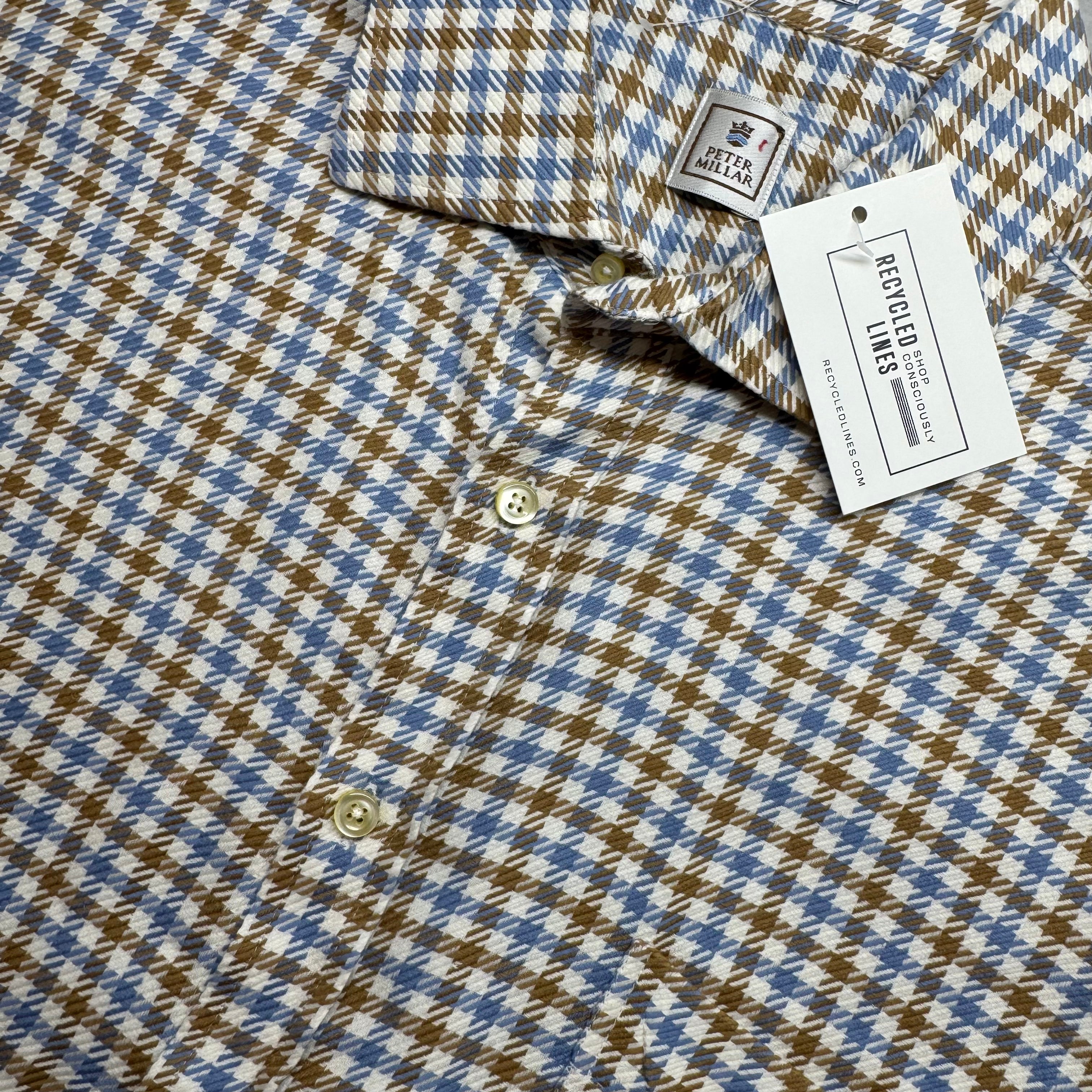 Peter Millar Houndstooth Button Down, Blue/Tan Mens Size XL