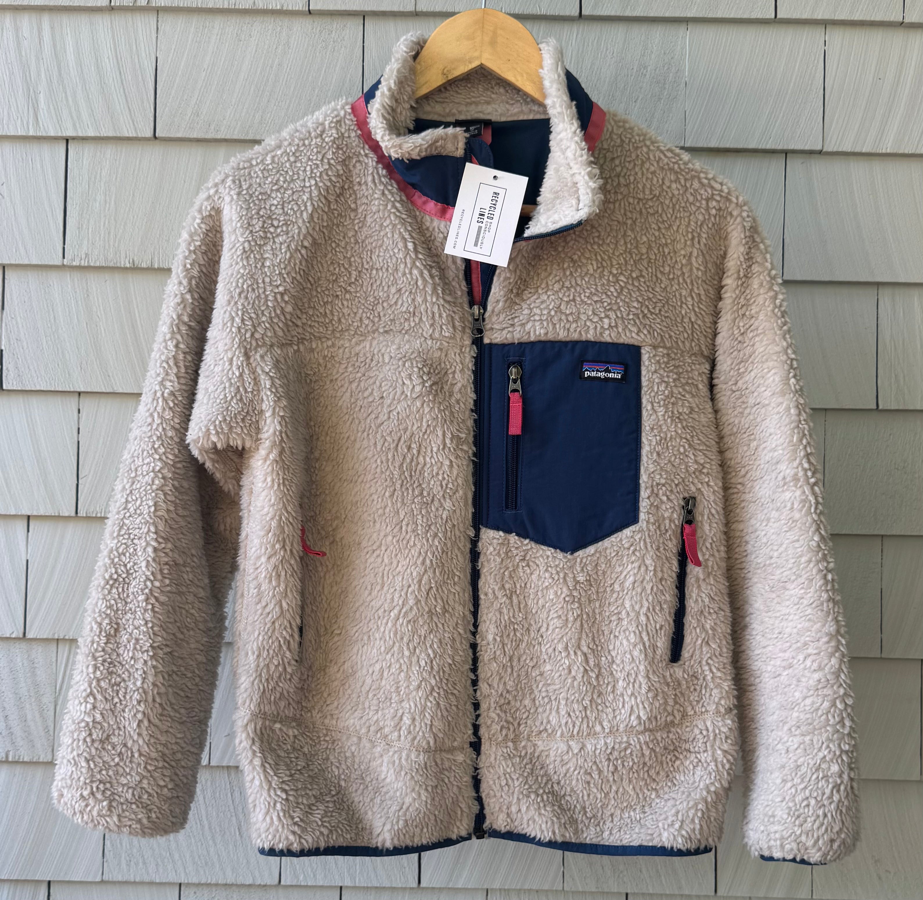 Patagonia Full Zip Sherpa Jacket, Oatmeal/Navy/Pink Girls Size XL (14)