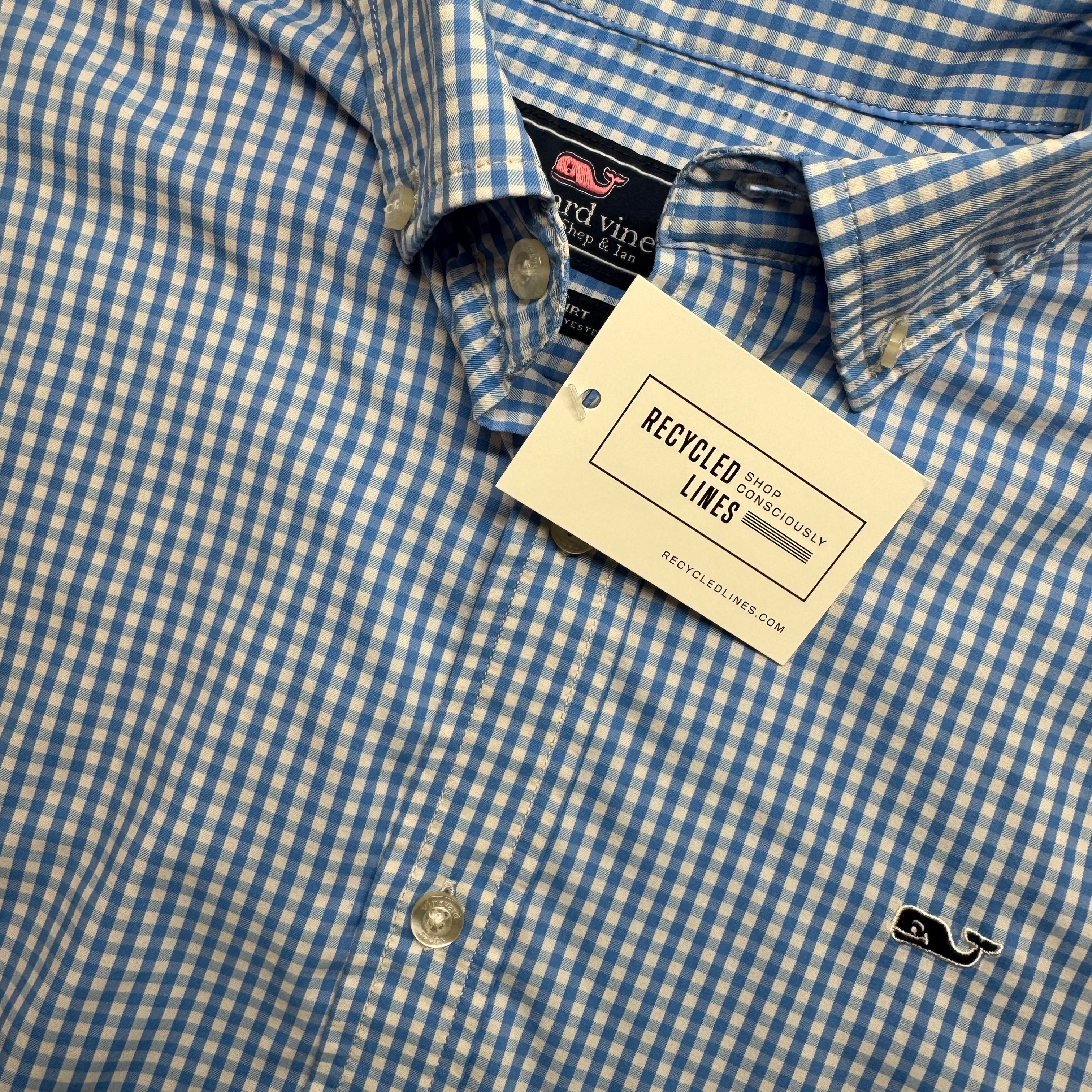 Vineyard Vines Performance Button Down, Blue/White Mens Size S in excellent condition — Recycled Lines, Fairfield CT | Premium Sustainable Consignment