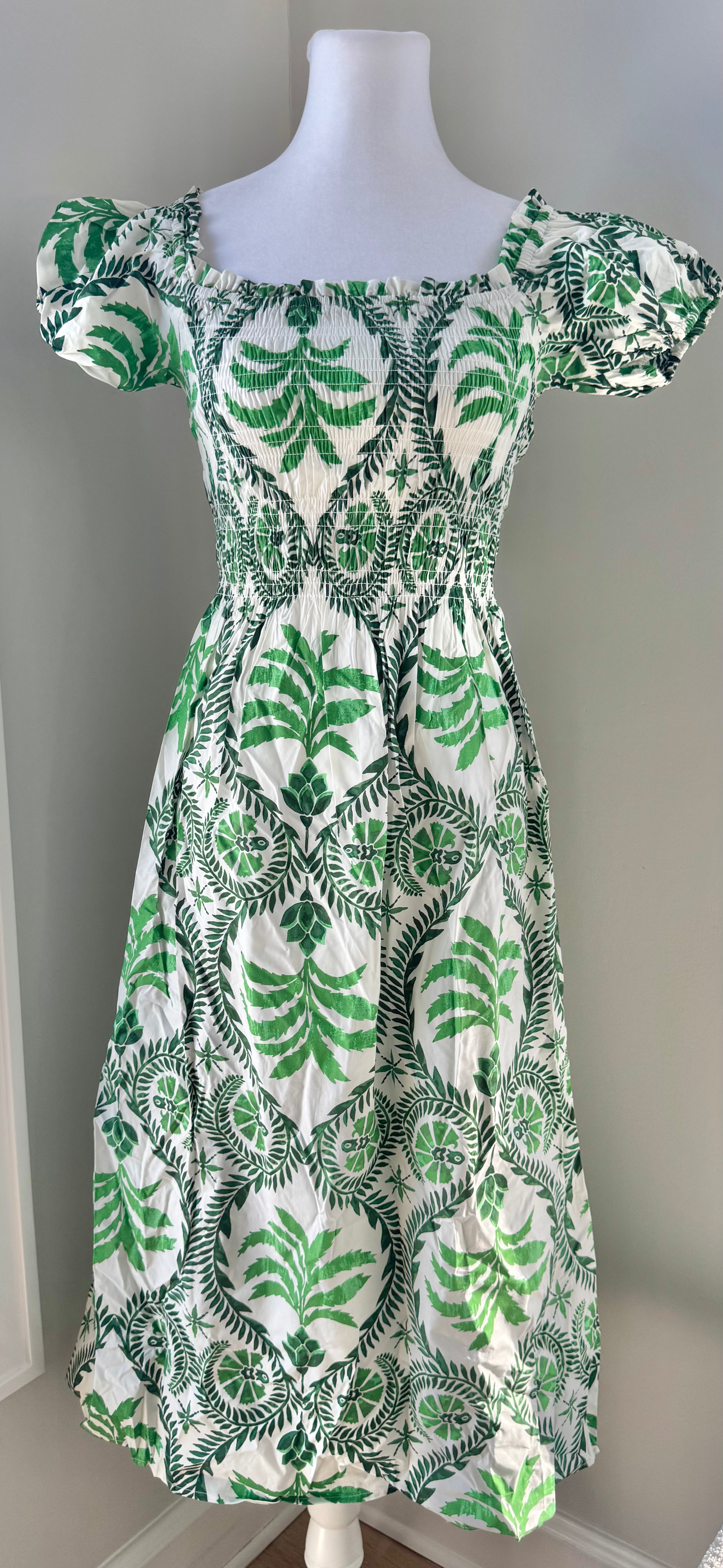 H&M NWT Fern Maxi Dress, Green/White Womens Size XS