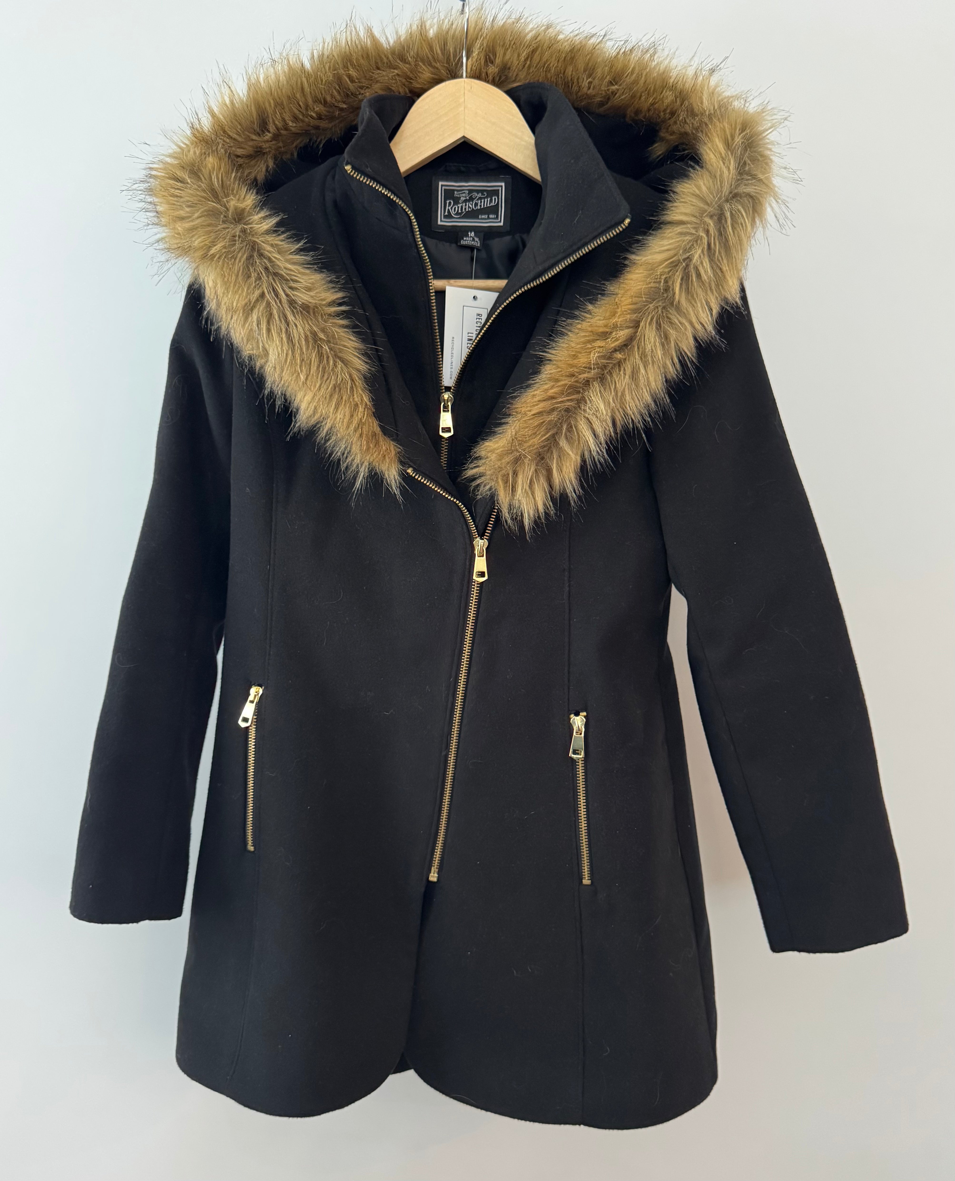 Rothschild Jacket with Faux Fur Collar, Black/Gold Girls Size 14