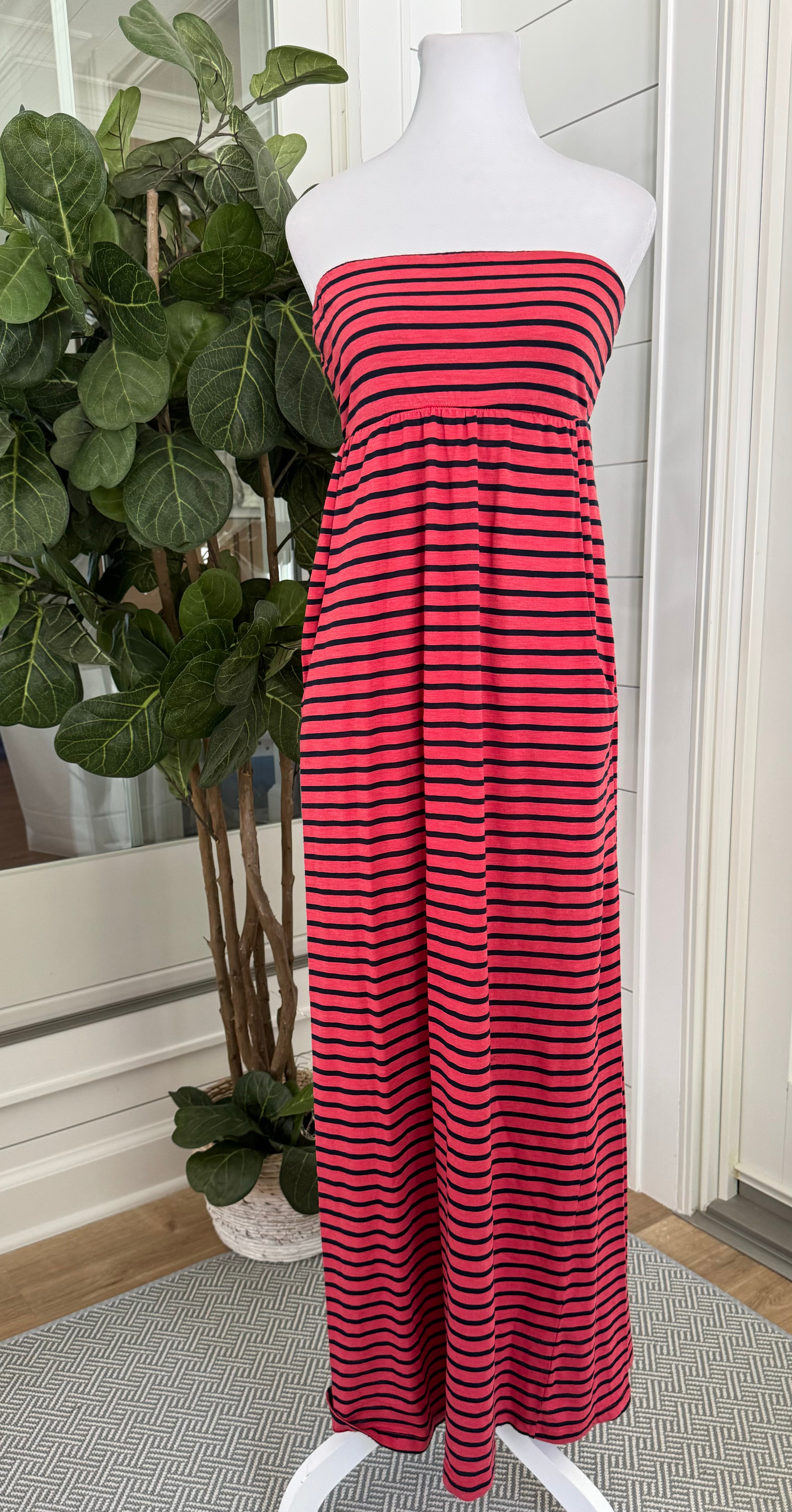 Allen Allen Strapless Maxi Dress, Coral/Navy Stripe Womens Size S