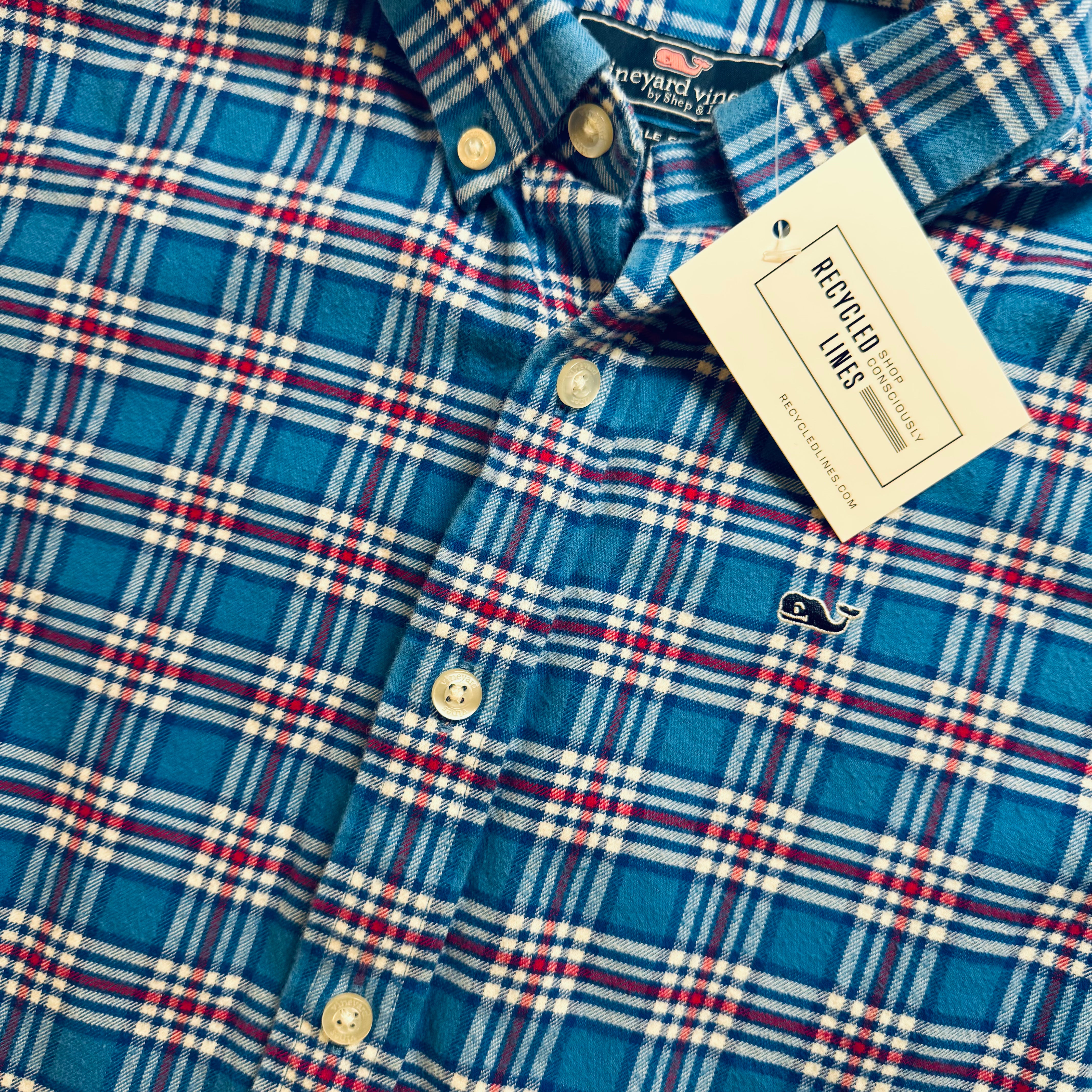 Vineyard Vines Flannel Button Down, Blue/Red Plaid Boys Size M (12/14) in excellent condition — Recycled Lines, Fairfield CT | Premium Sustainable Consignment