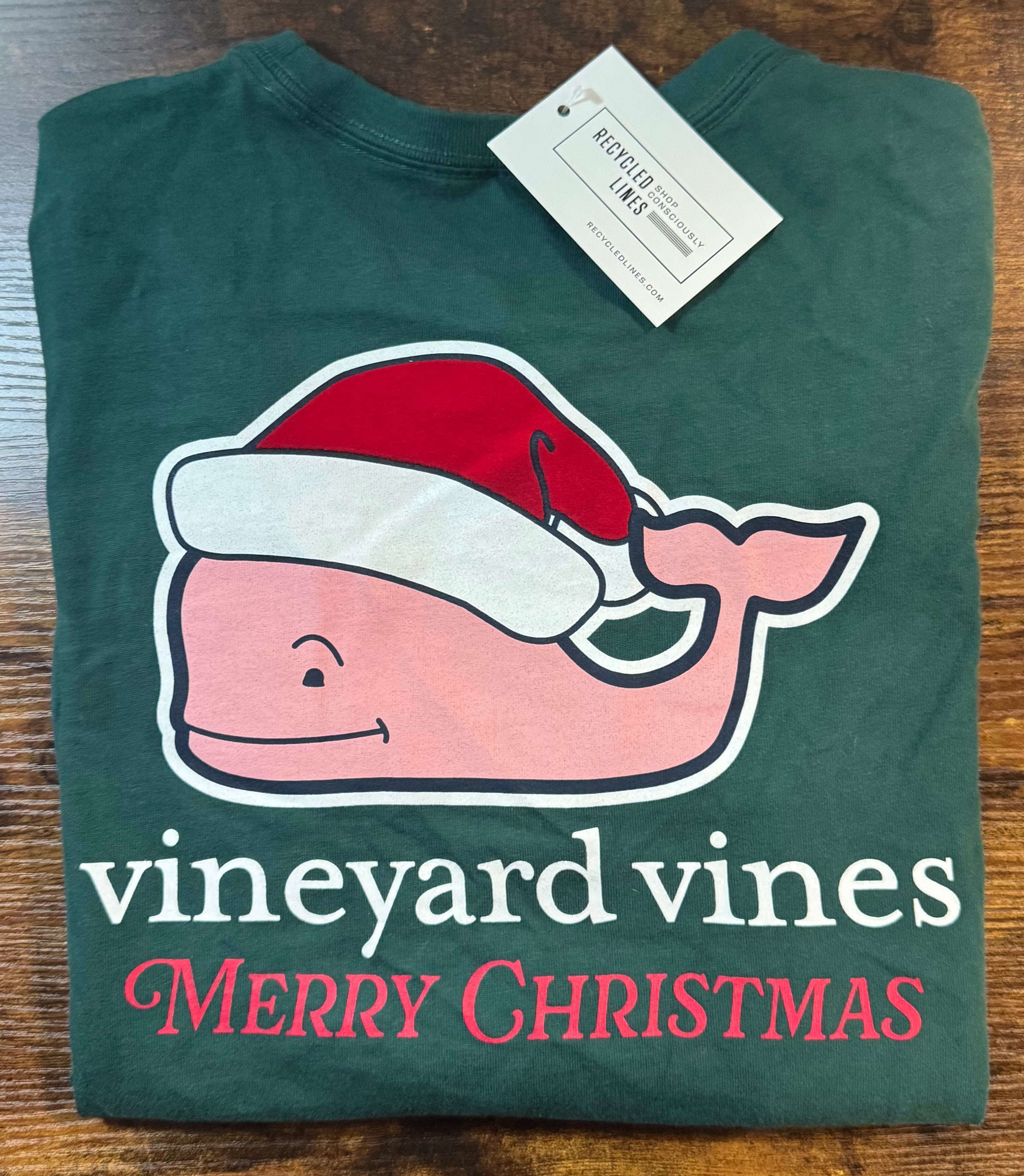 Vineyard Vines Santa Whale Tee, Forest Boys Size M (12/14)