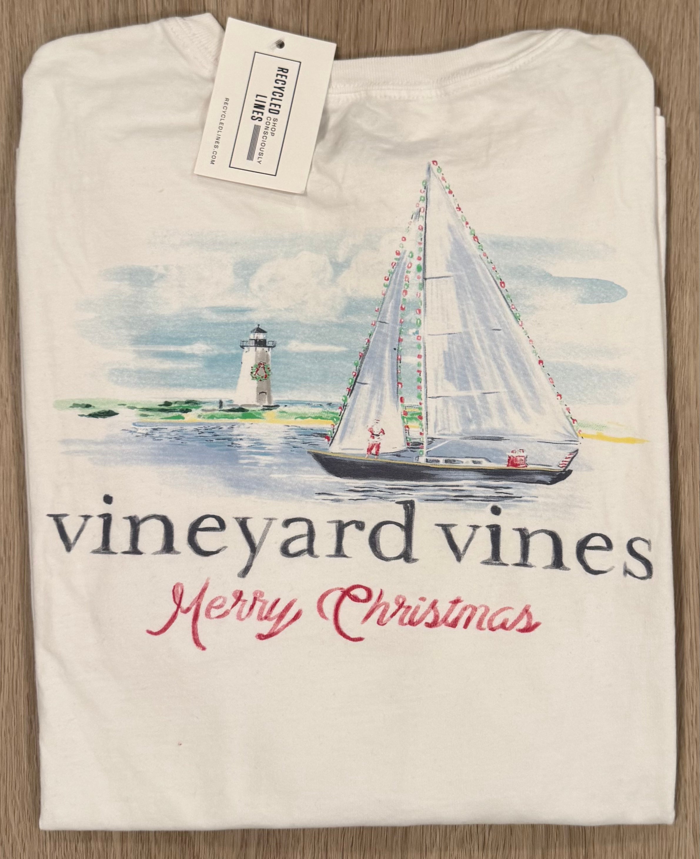 Vineyard Vines Christmas Sailboat Tee, White Mens Size M