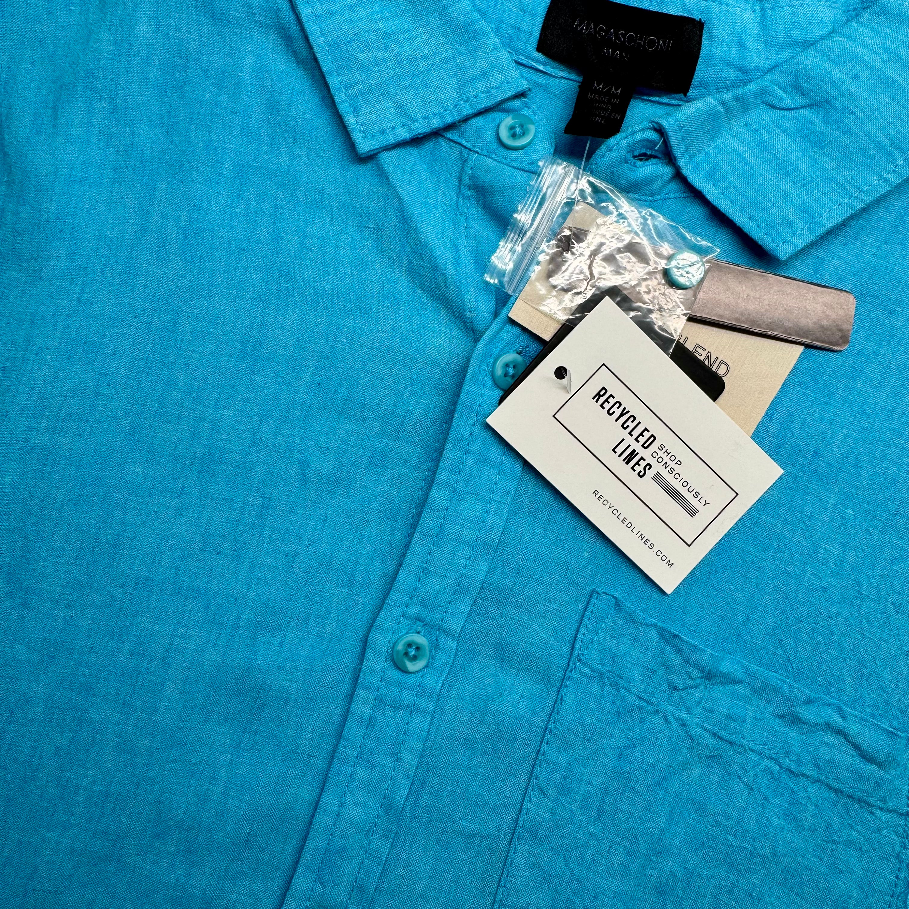 Magaschoni NWT Linen Blend Button Down, Aqua Mens Size M in new with tags — Recycled Lines, Fairfield CT | Premium Sustainable Consignment