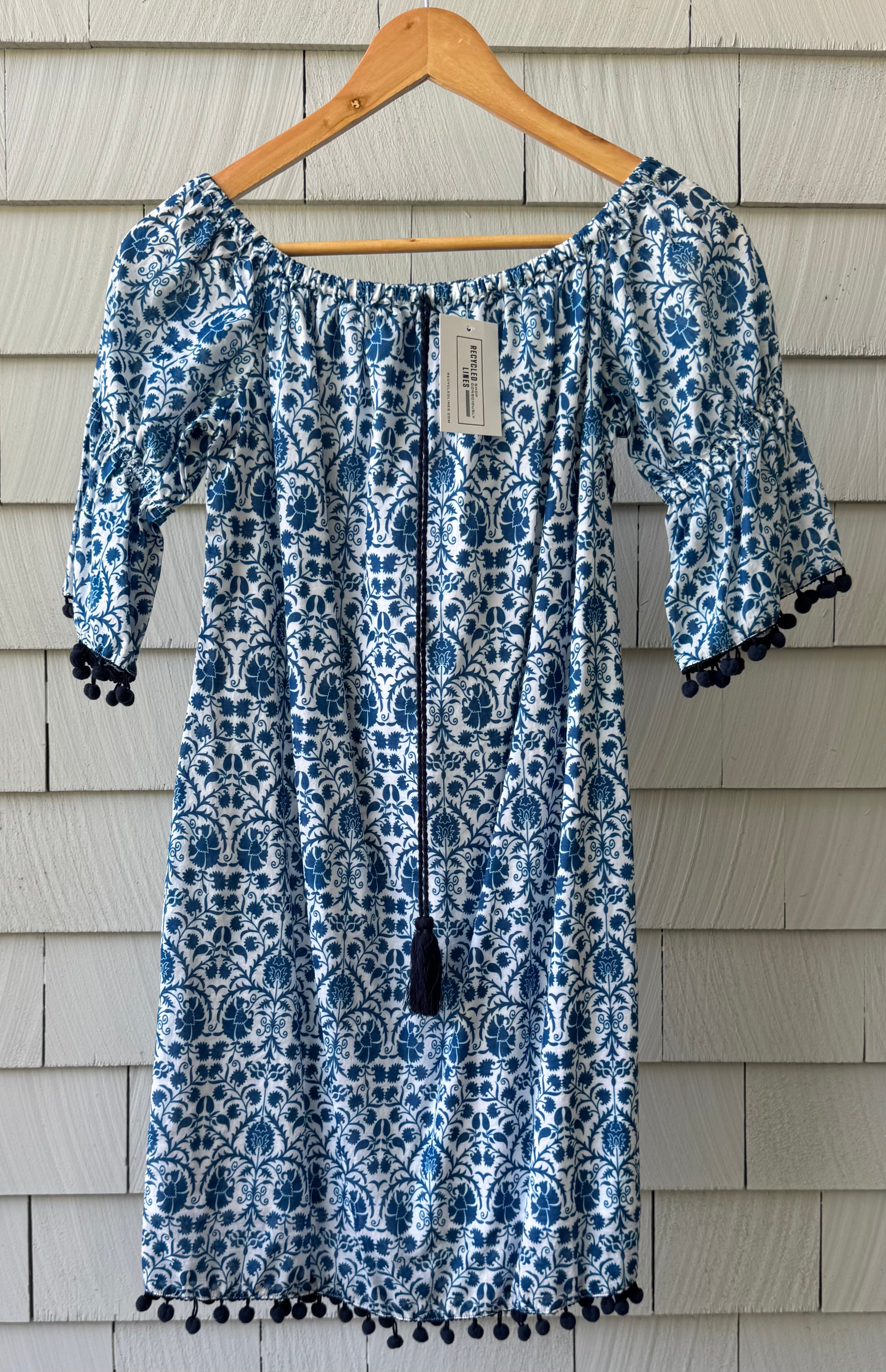 French Curve PomPom Fringe Cover-Up, Navy/White Women's Size S