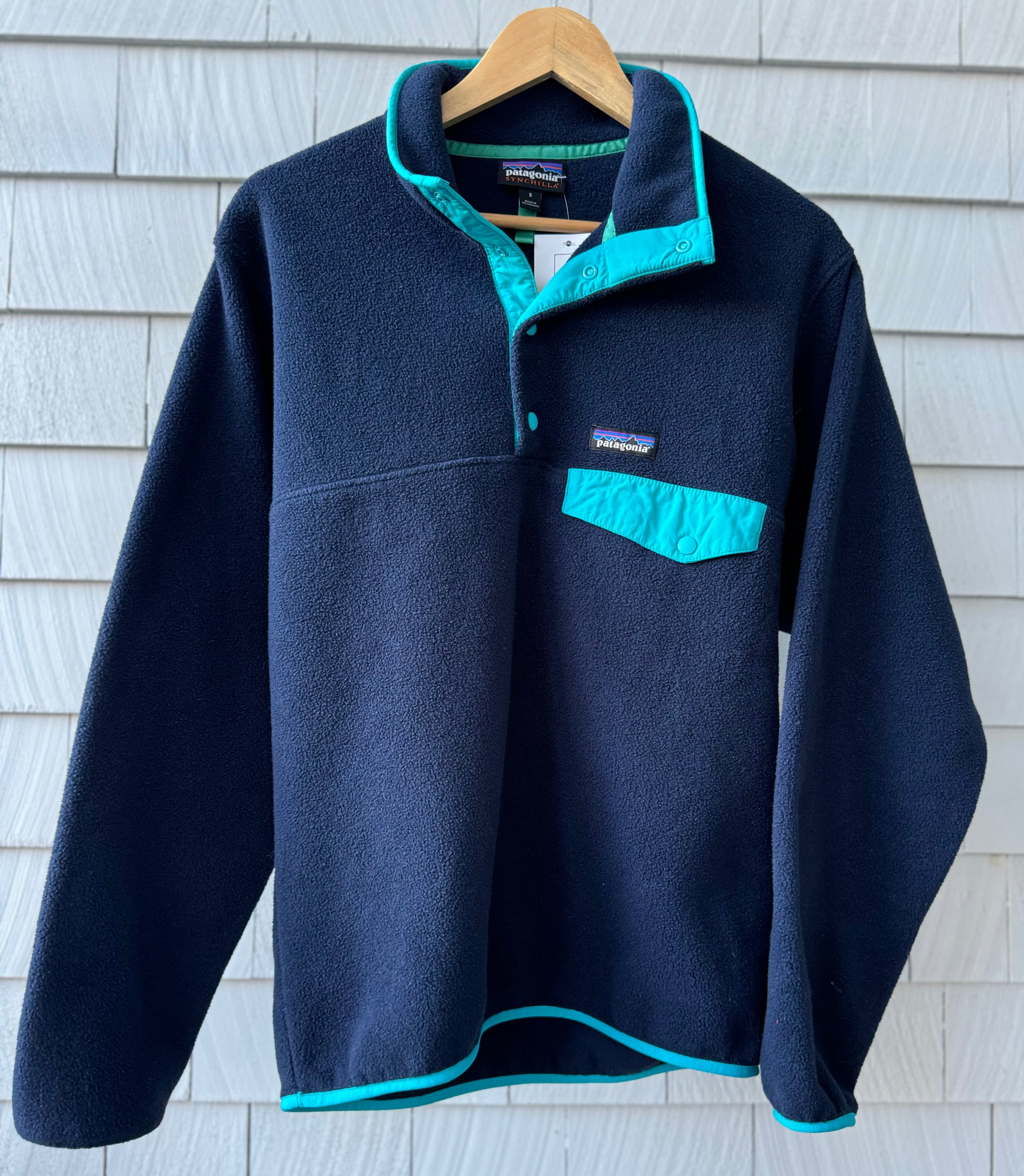 Premium Patagonia Synchilla Fleece Pullover, Navy/Teal Mens Size S