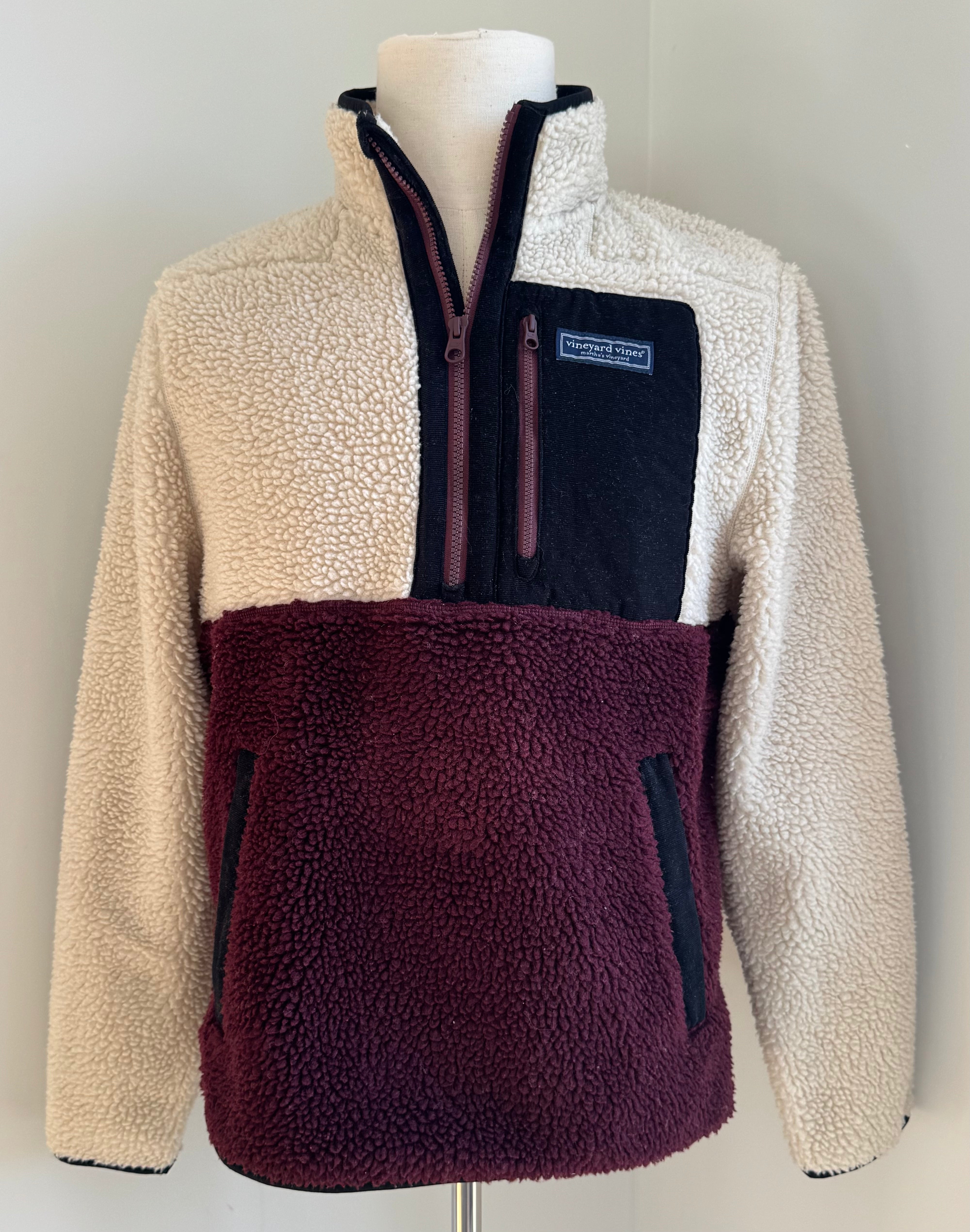 Vineyard Vines SuperShep Sherpa 1/4 Zip Pullover, Plum/Cream/Black Mens Size S