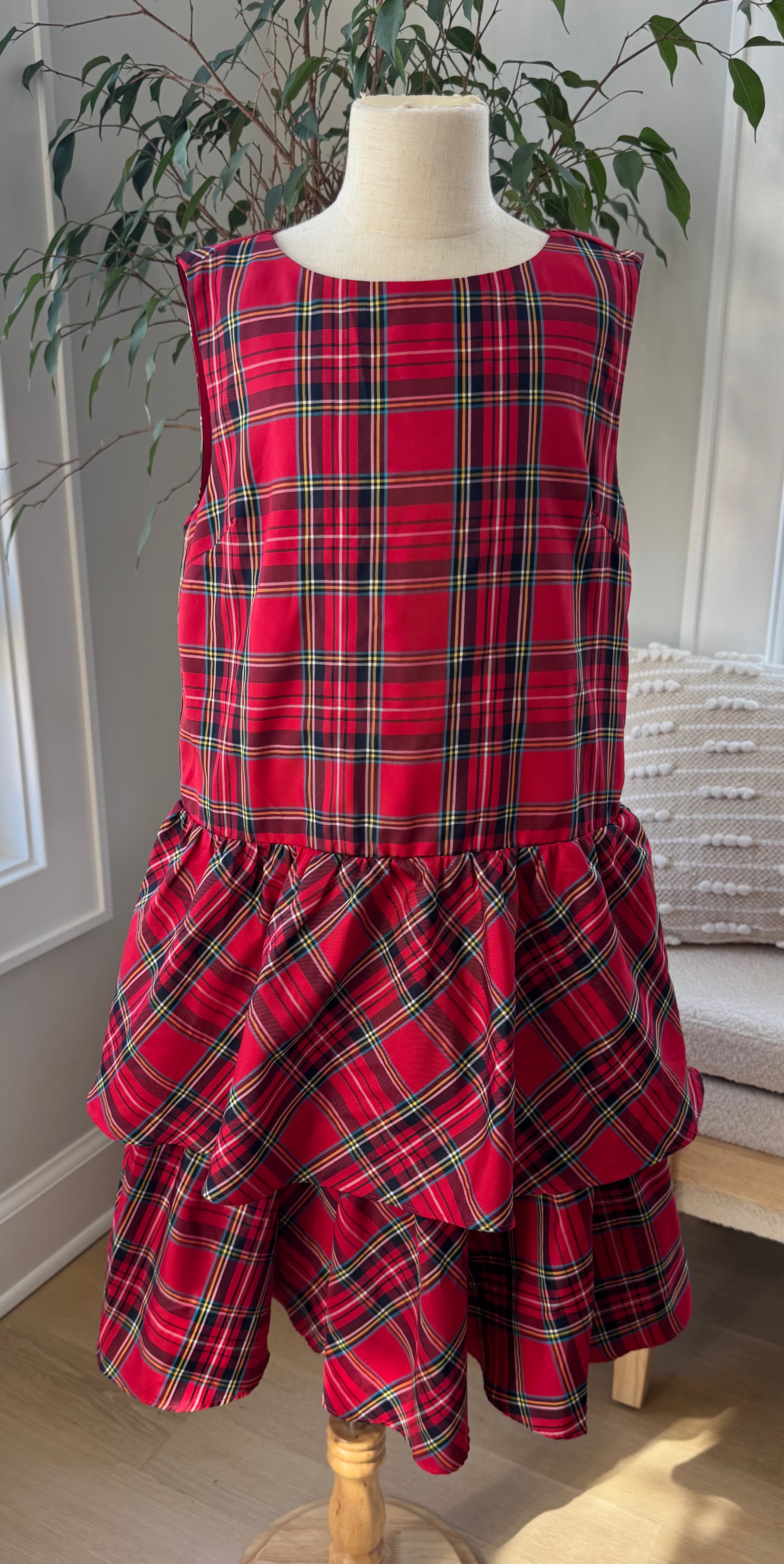 Crewcuts Tiered Tartan Dress, Red/Black Girls Size 12
