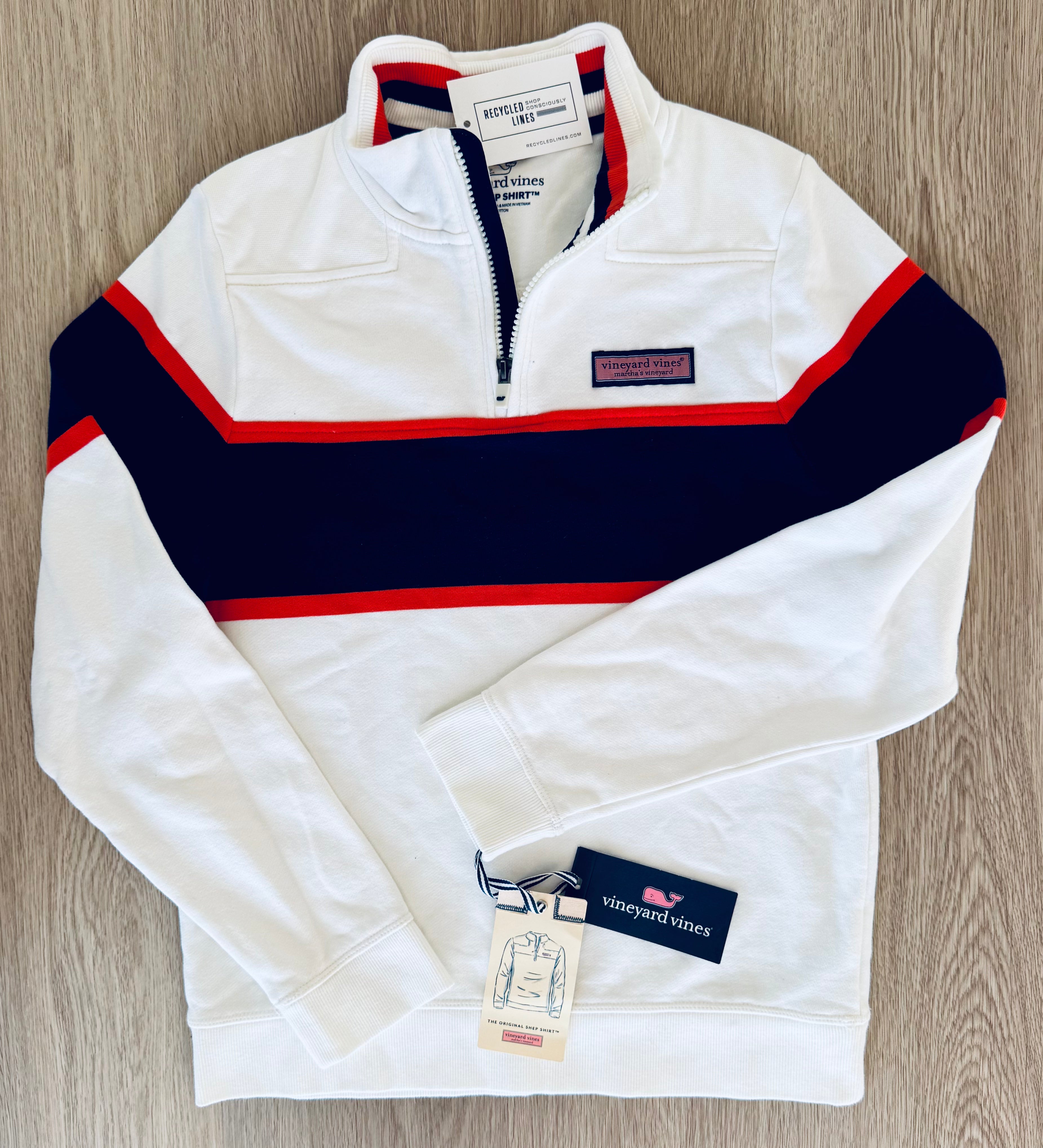 Vineyard Vines NWT 1/4 Zip Shep Shirt, Cream/Navy/Orange Boys Size M (12/14)