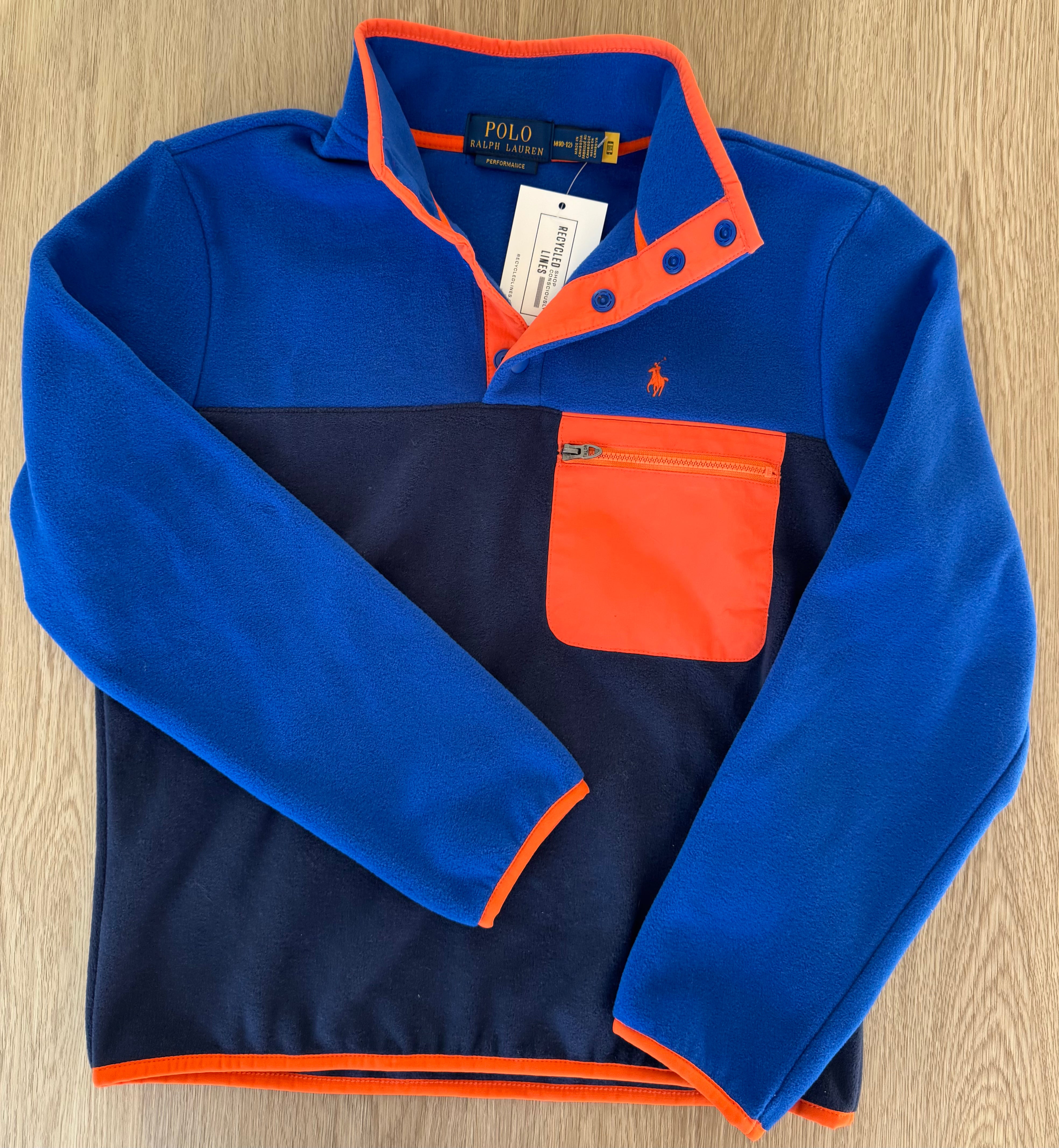 Polo Ralph Lauren 1/4 Snap Fleece Pullover, Blue/Navy/Orange Boys Size M (10/12)