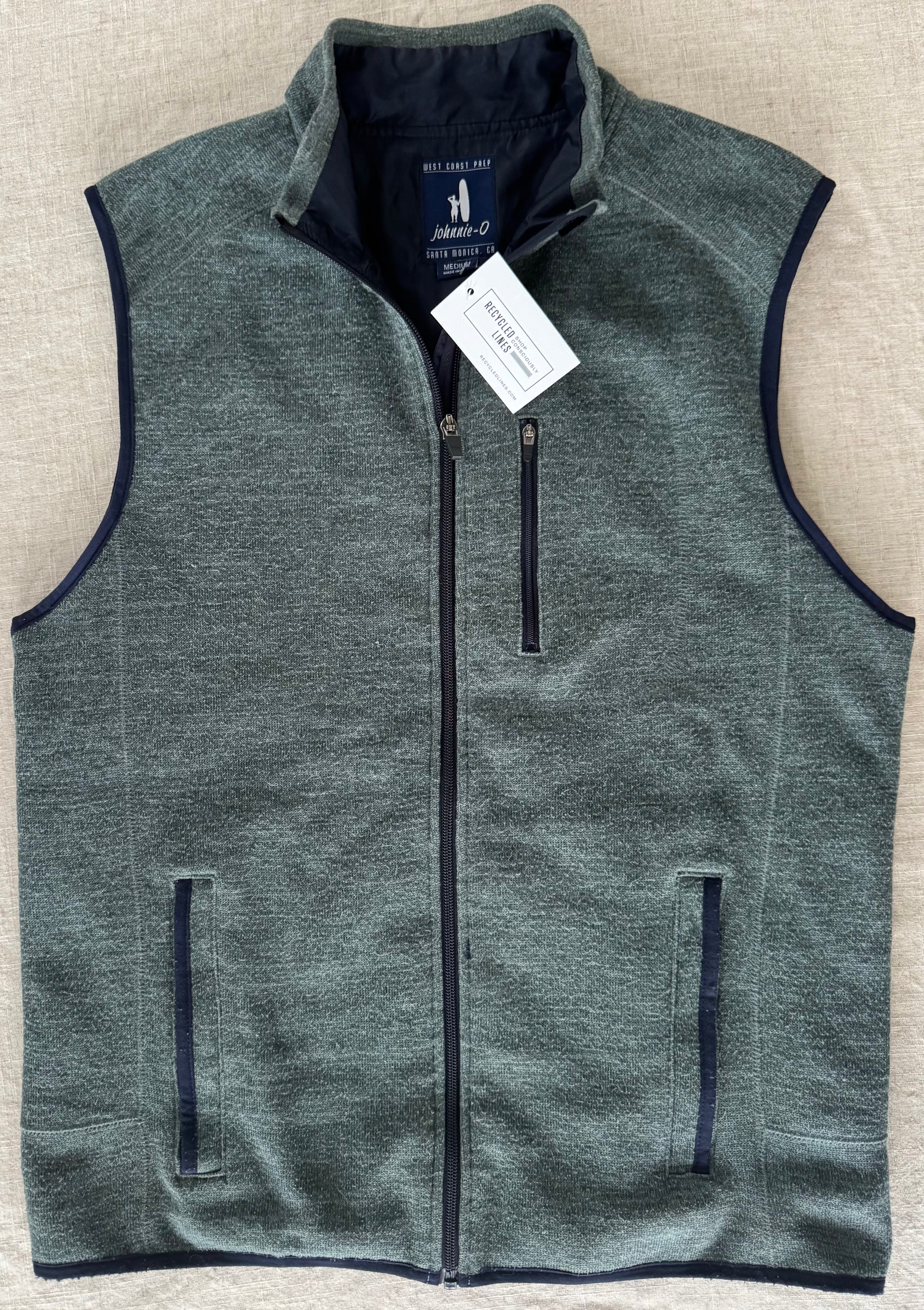 Johnnie-O Fleece Vest, Green/Navy Mens Size M
