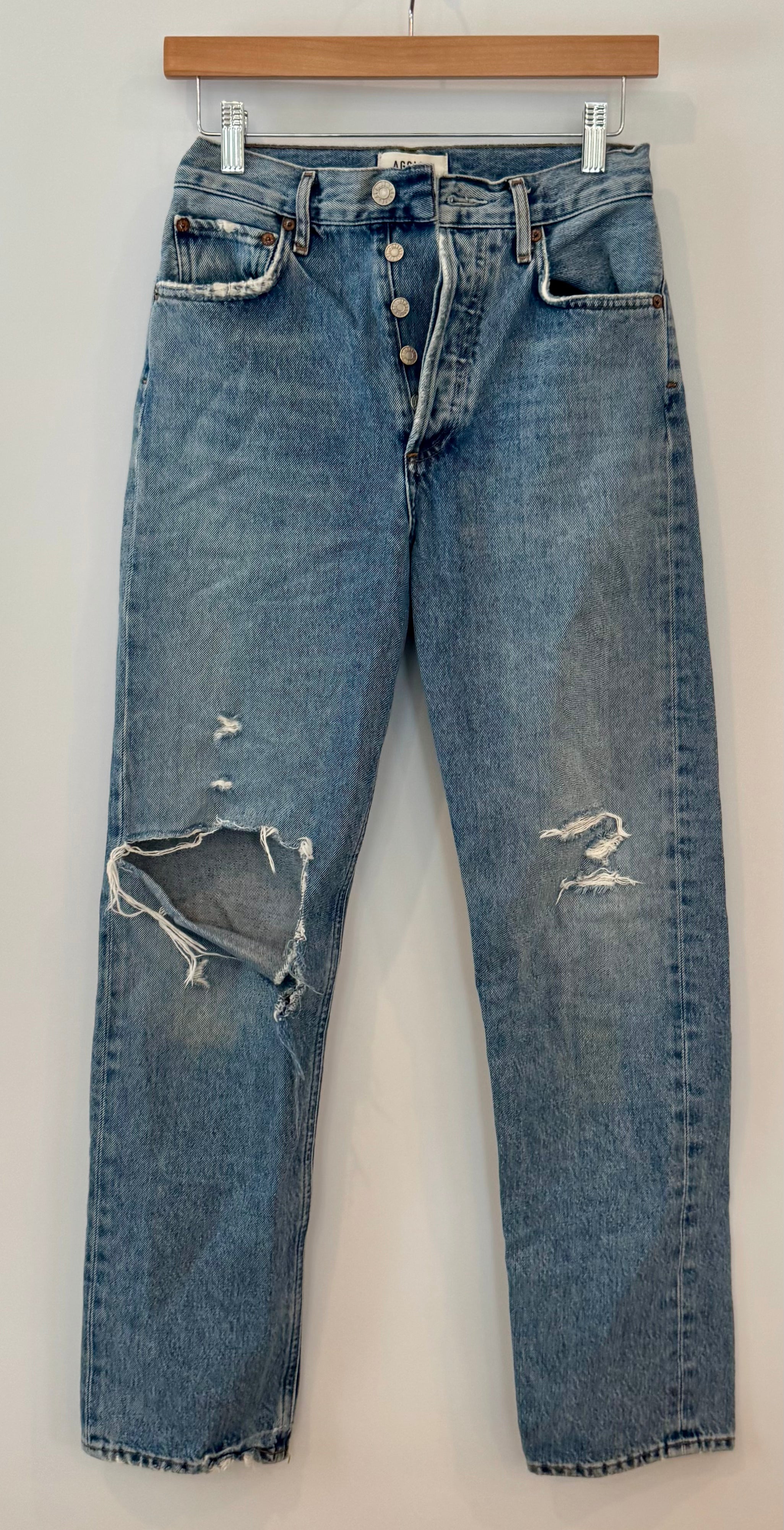 AGOLDE 90s Organic Cotton Ripped Distressed Jeans, Blue Womens Size 24