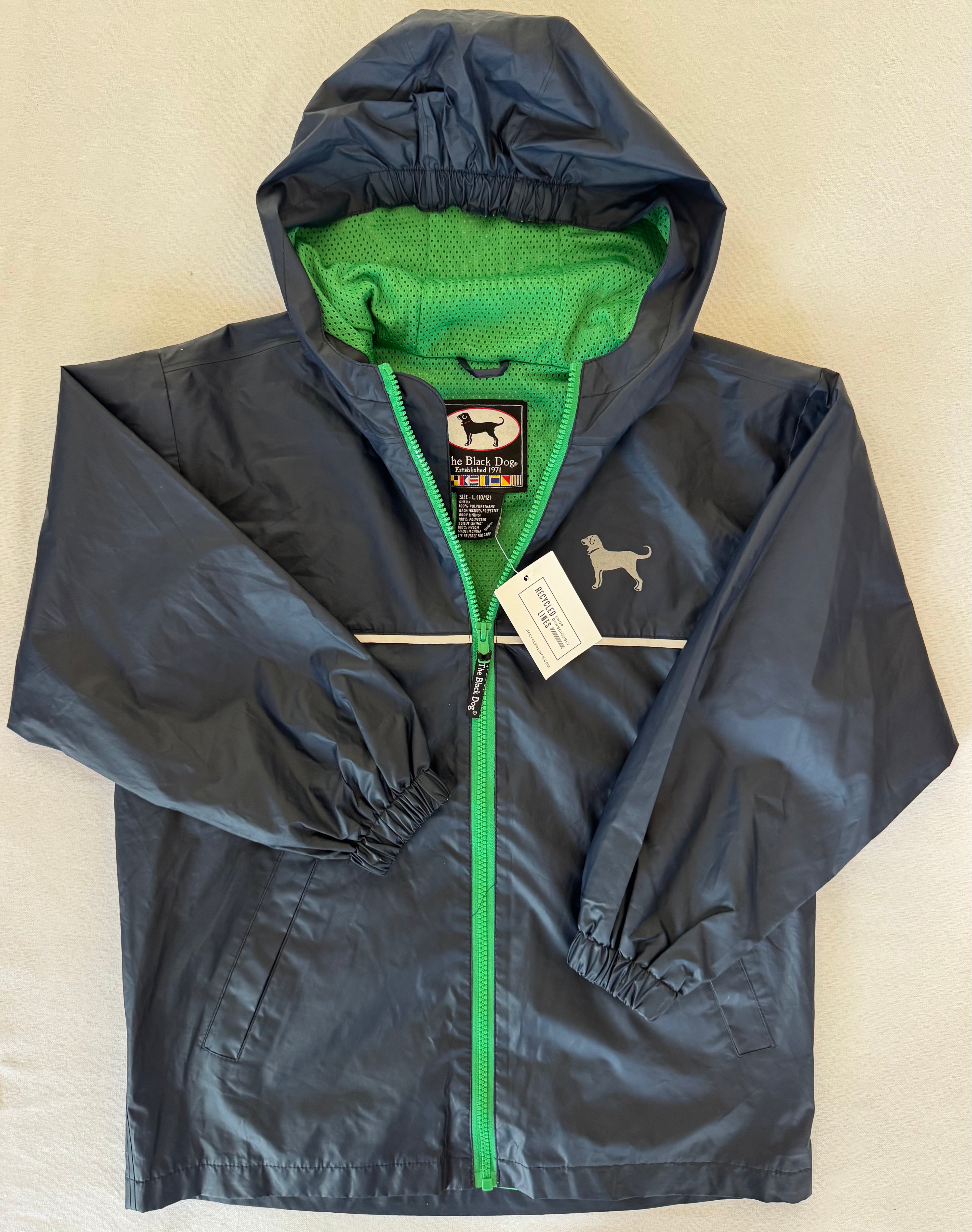 The Black Dog Zip UP Raincoat, Navy w/green trim Boys Size L 10/12