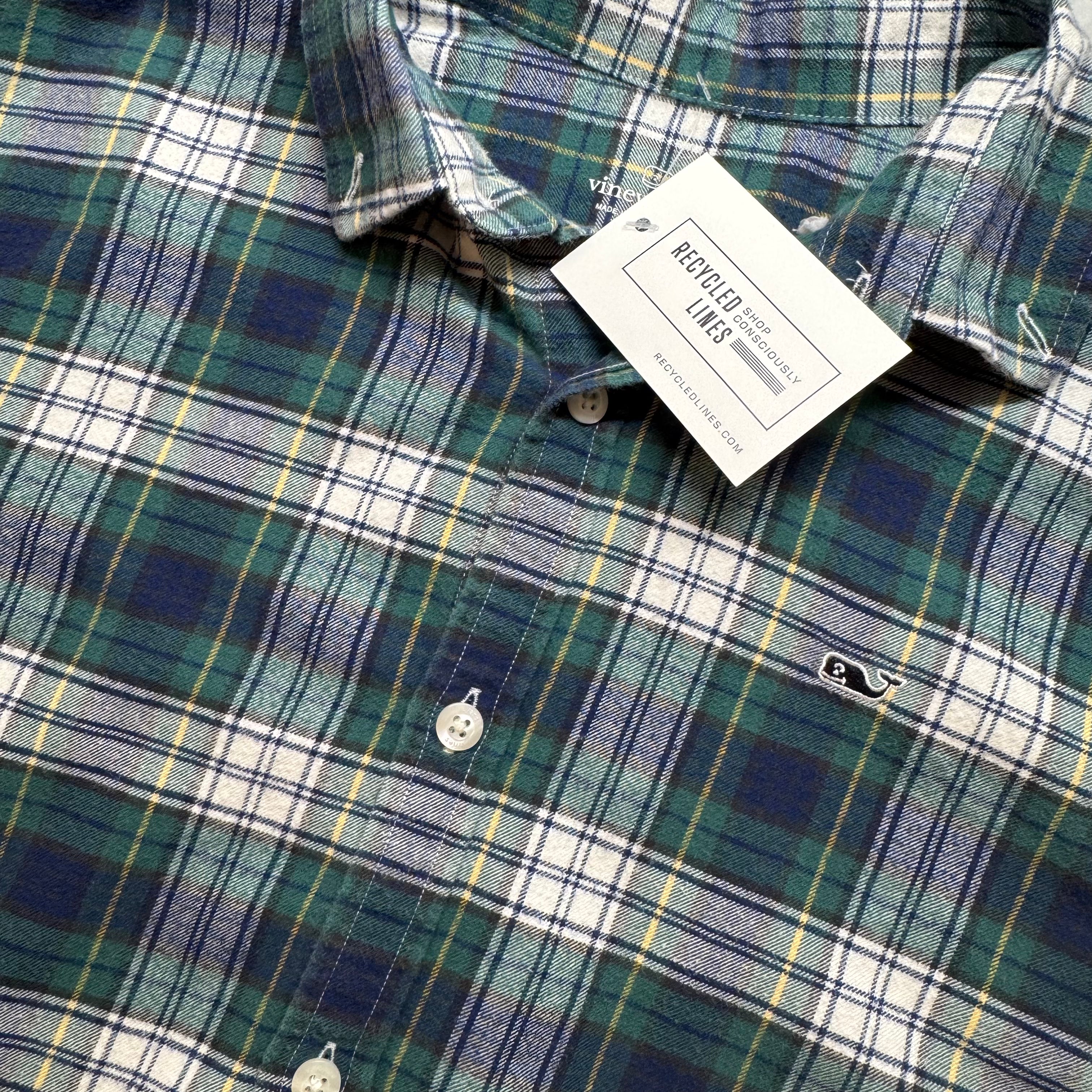 Vineyard Vines Flannel Button Down, Navy/Green Plaid Boys Size L (16) in excellent condition — Recycled Lines, Fairfield CT | Premium Sustainable Consignment