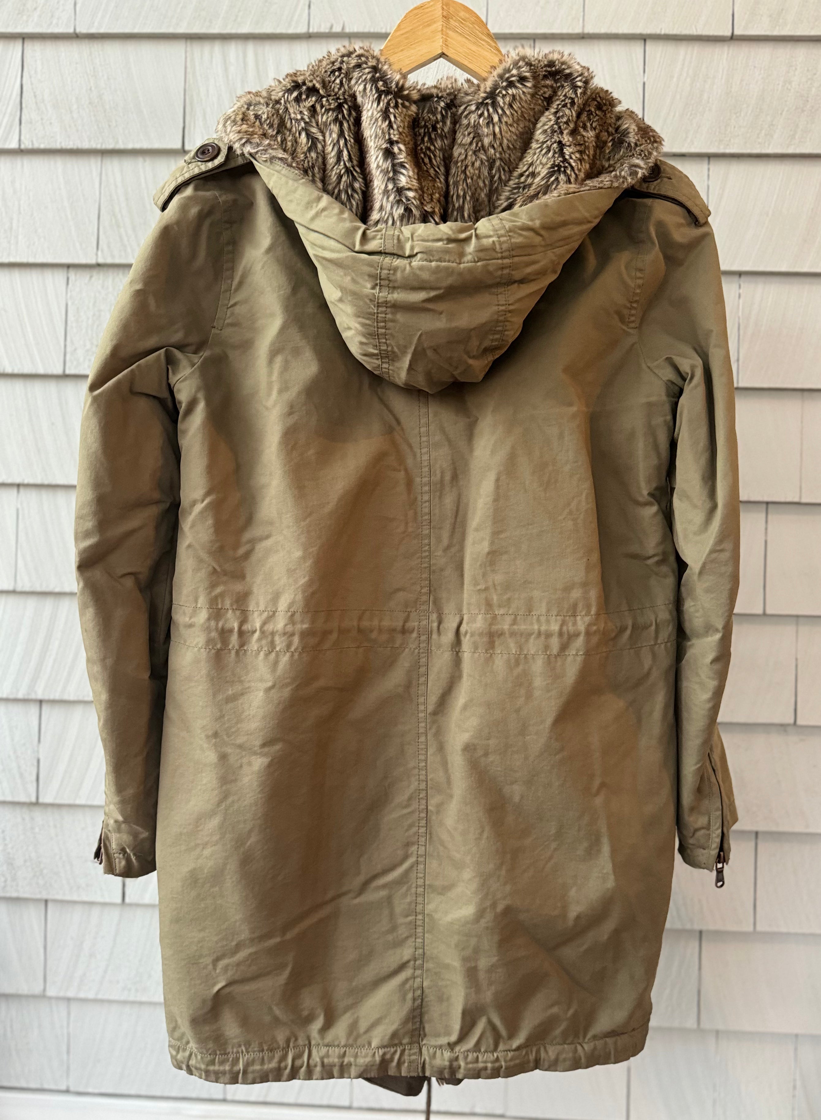 Parka London Faux Fur Mid Length Jacket, Olive Womens Size XS