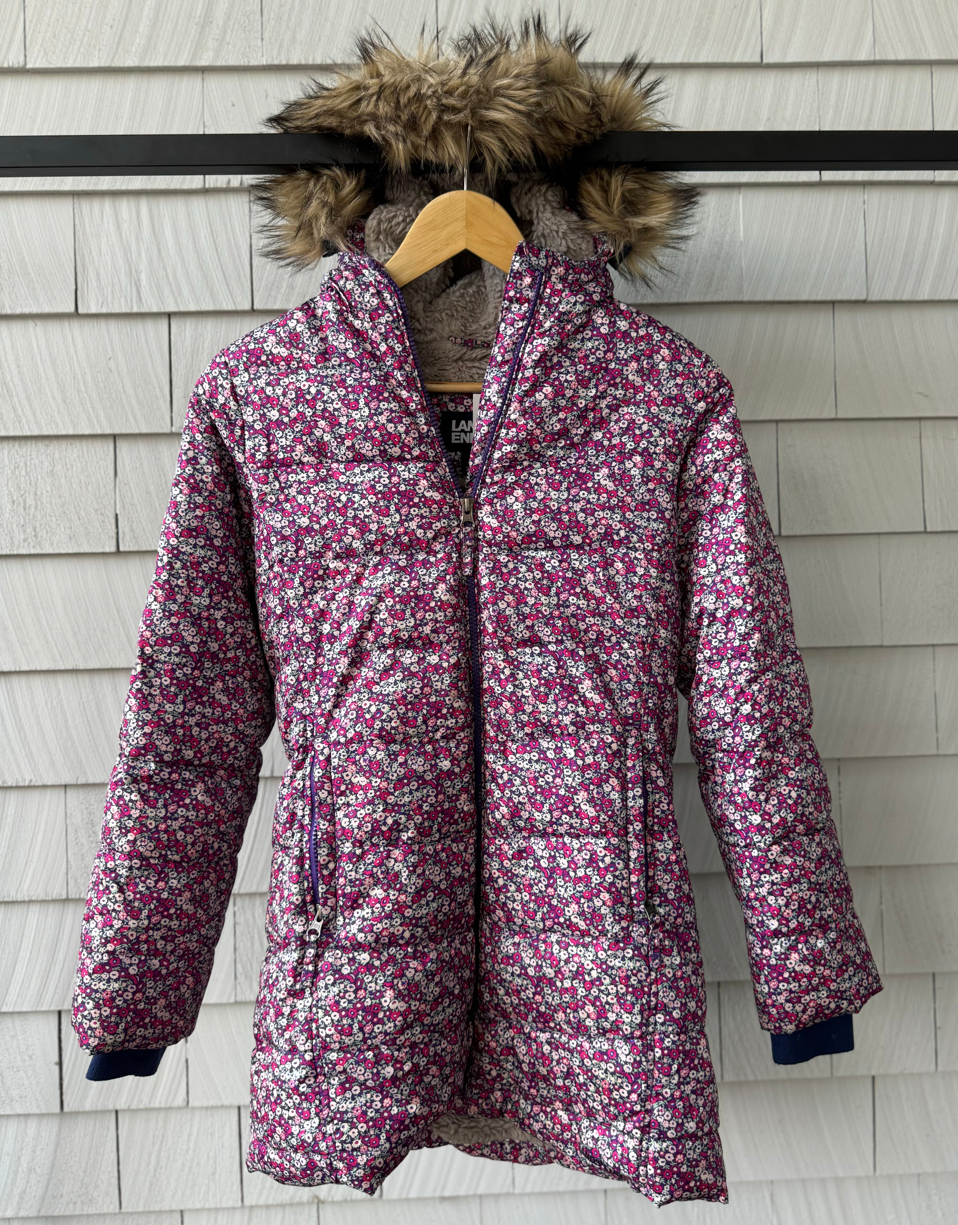 Lands End Faux Fur Lined Jacket, Floral Girls Size M (10/12)