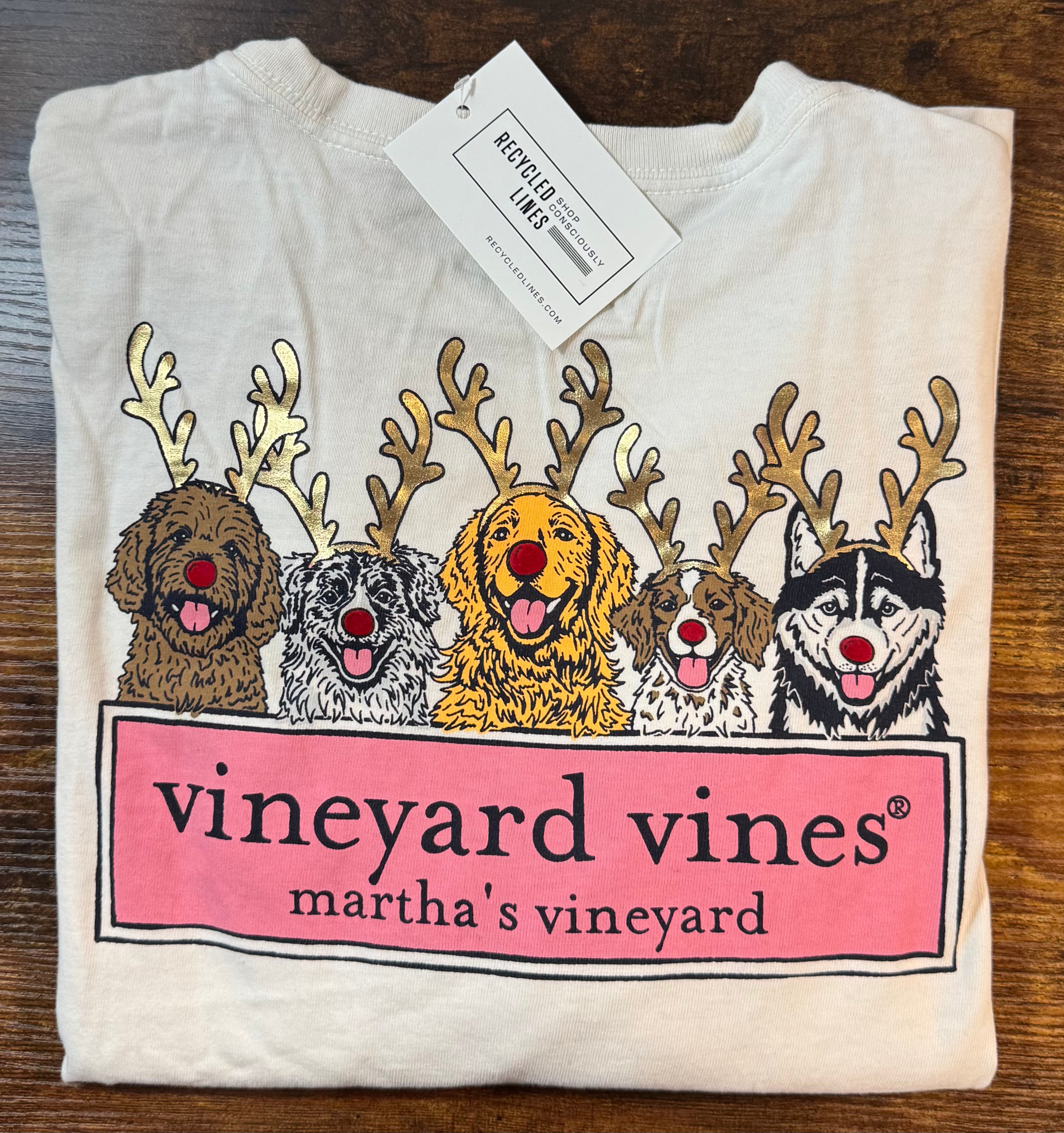 Vineyard Vines Reindeer Dog Tee, Cream Boys Size M (12/14)