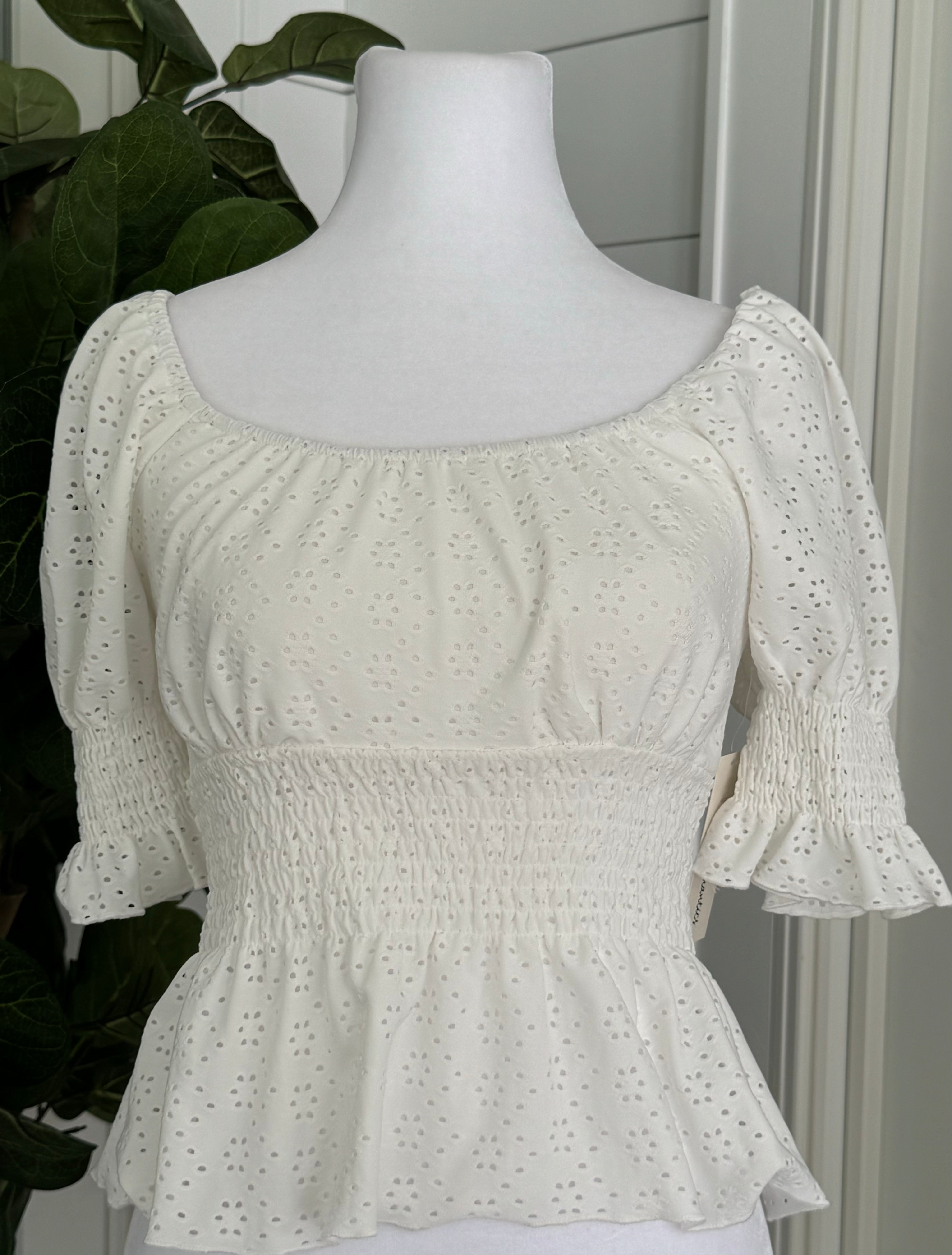 Urban Romantics NWT Eyelet Smocked Top, White Womens Size XS