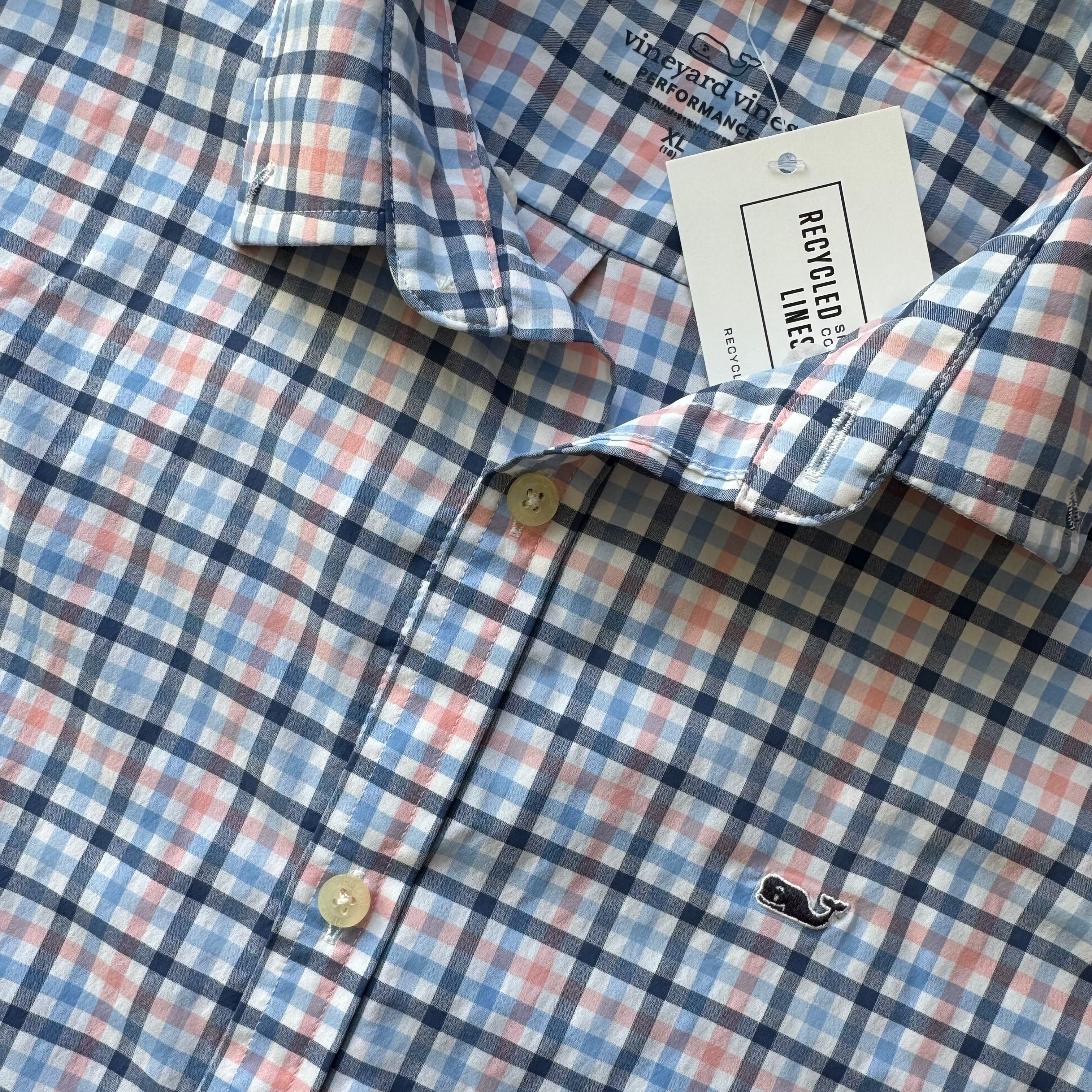 Vineyard Vines Performance Button Down, Peach/Blue Boys Size XL (18)