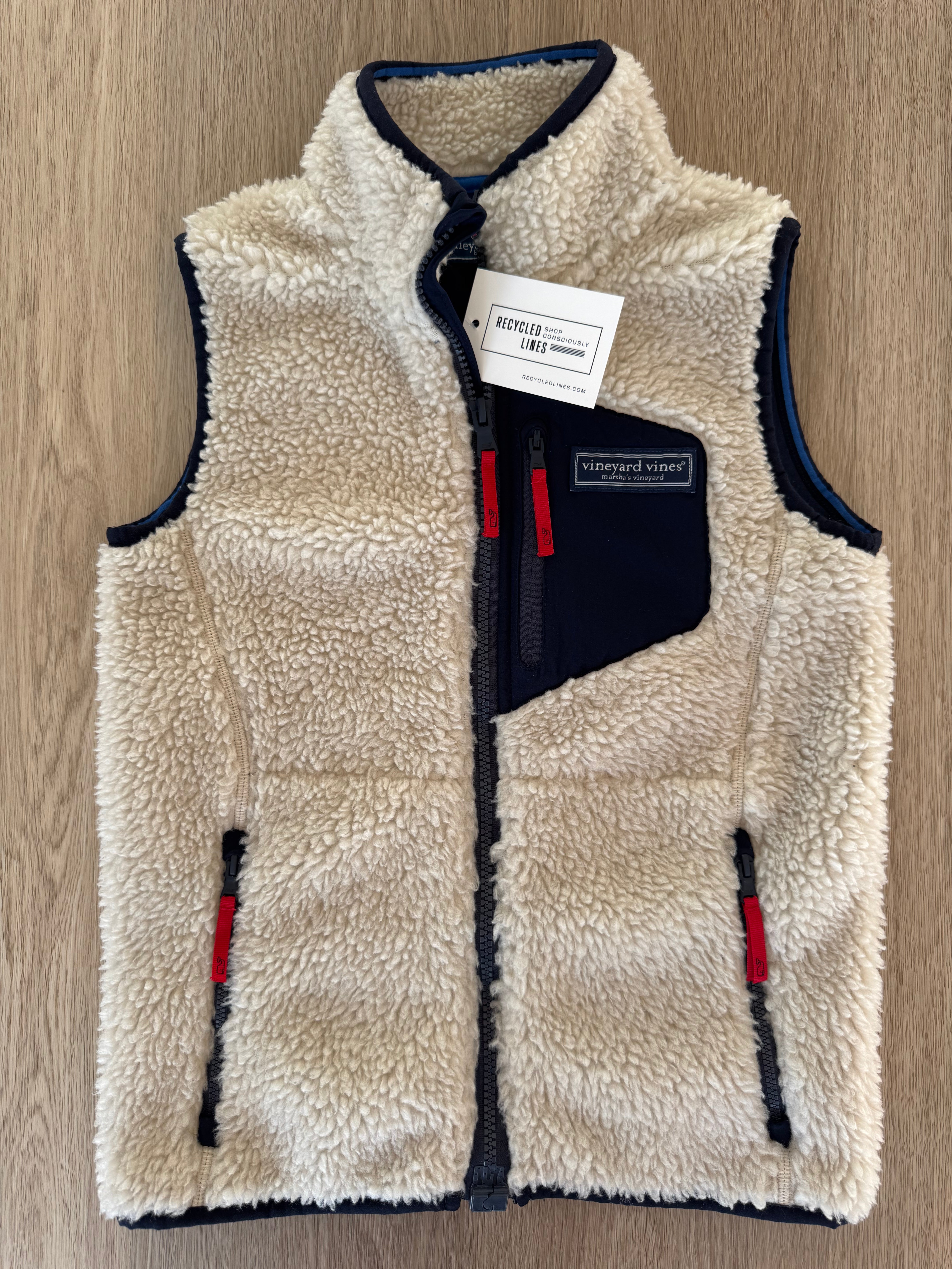 Vineyard Vines Sherpa Vest, Oatmeal/Navy/Red Boys Size S (8/10)