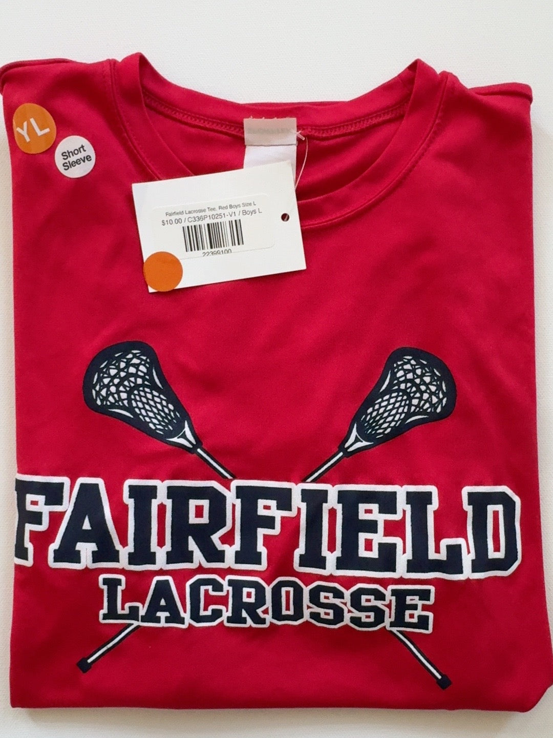 Fairfield Lacrosse red short sleeve graphic tee boys size L folded front view