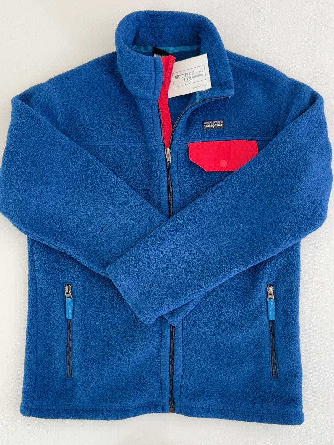 Patagonia blue fleece full zip jacket with coral pocket, boys size L 12