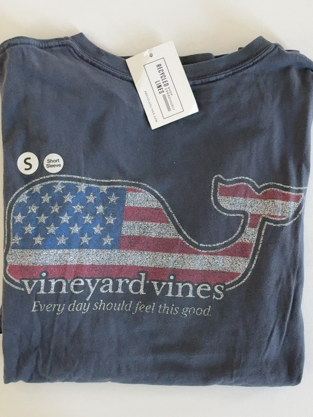 Vineyard Vines USA flag whale short sleeve tee, navy, men's small