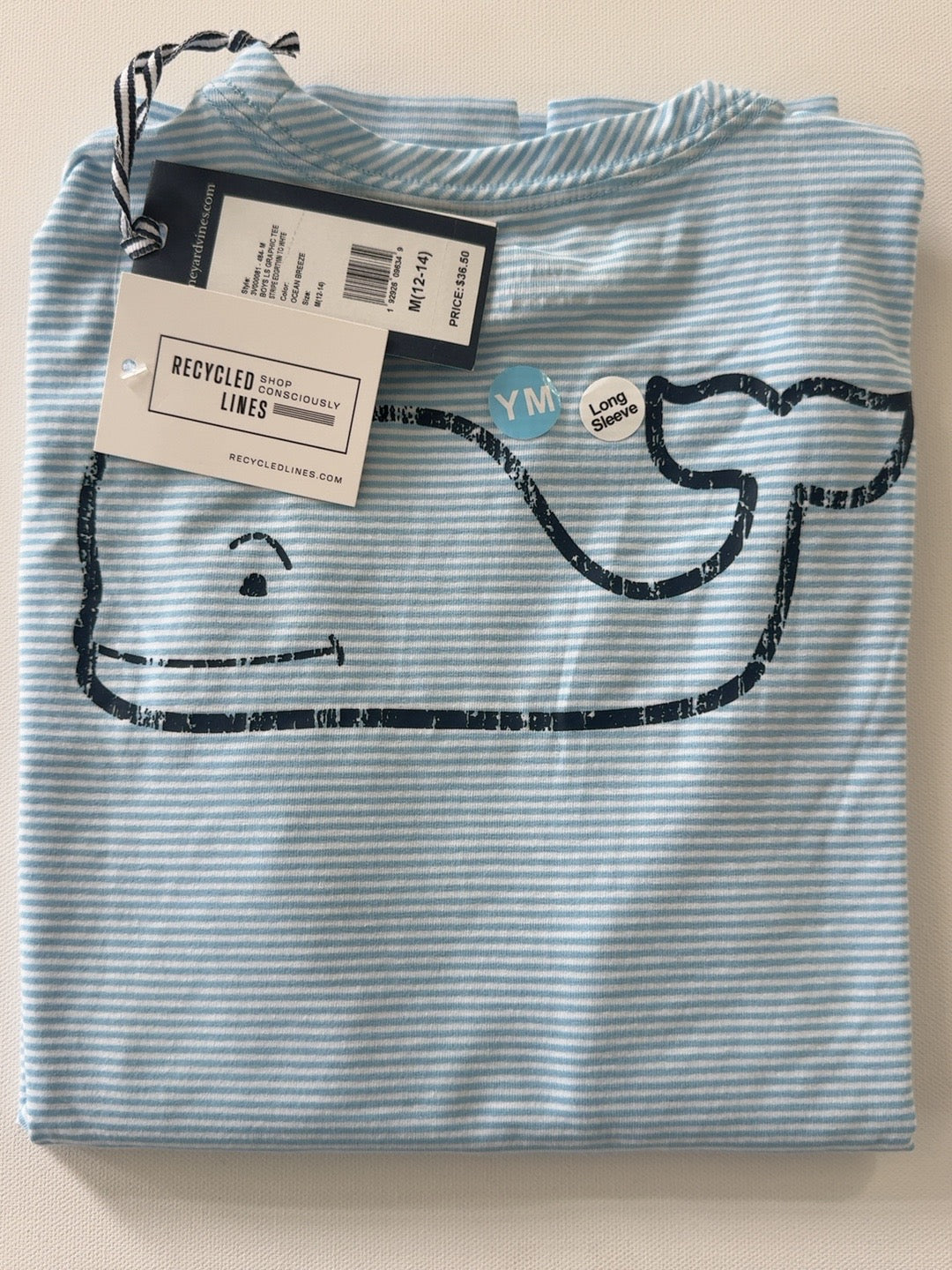 Actual Vineyard Vines blue and white striped long sleeve whale tee boys medium 12-14 new with tags