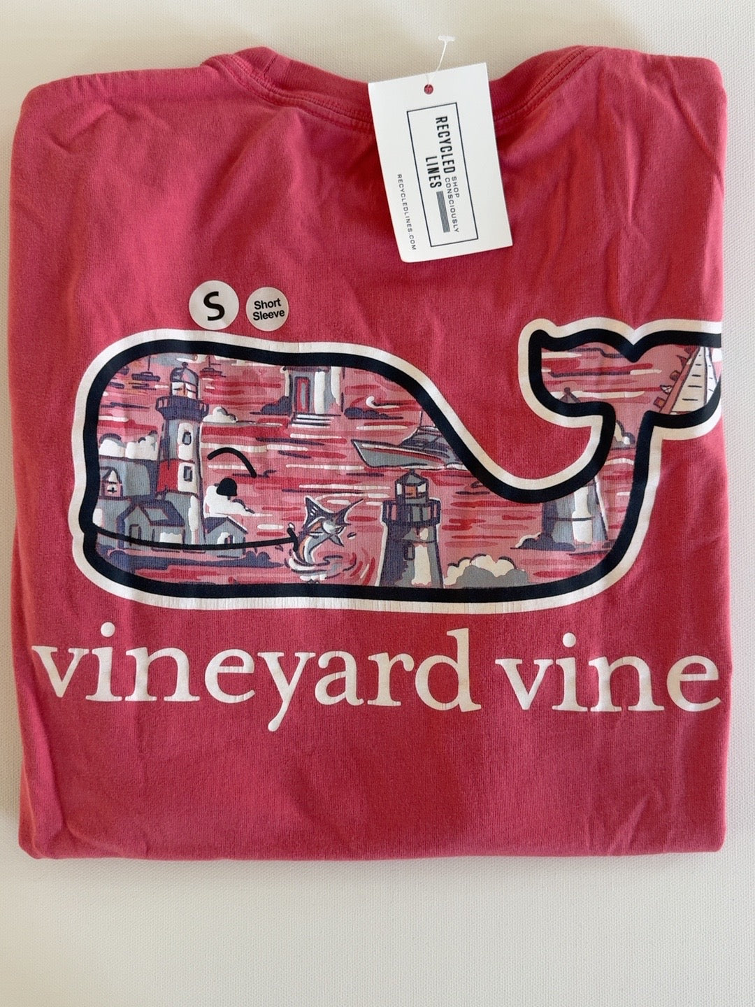Vineyard Vines lighthouse whale graphic short sleeve tee, coral, men's small