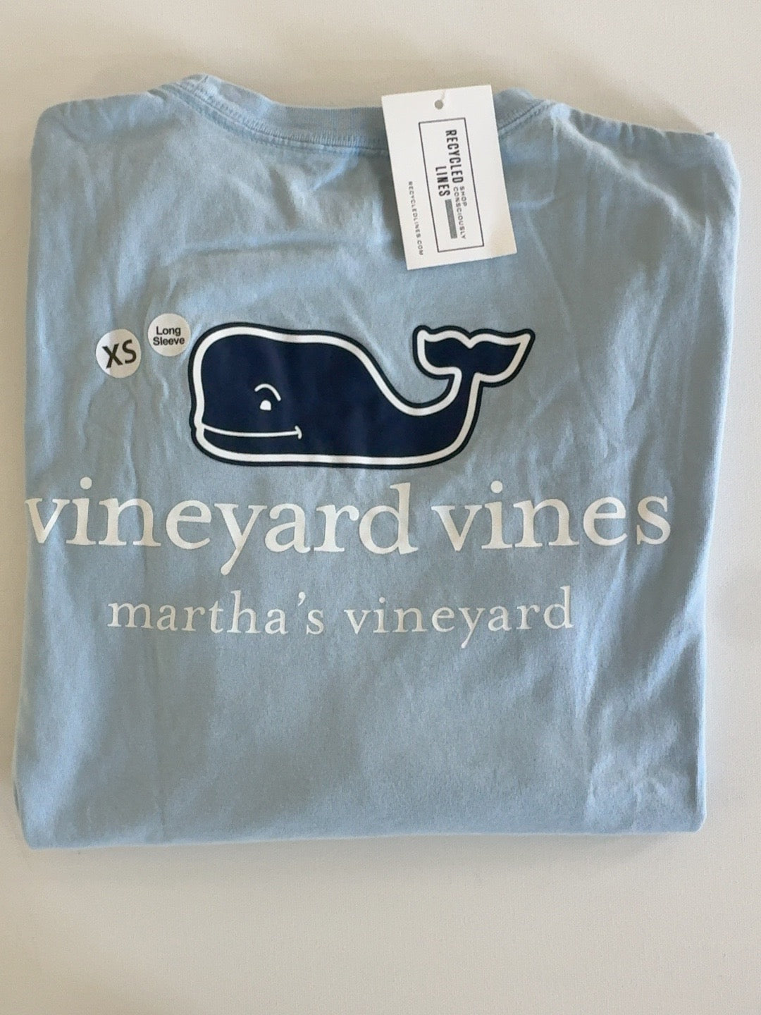 Vineyard Vines light blue long sleeve Martha's Vineyard whale tee men's XS folded front view