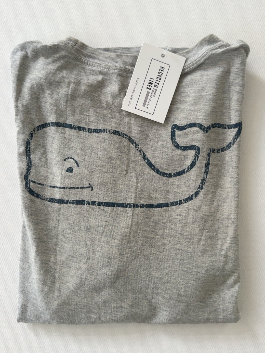 Original photo of heather gray Vineyard Vines boys XL whale tee with distressed dark navy whale outline
