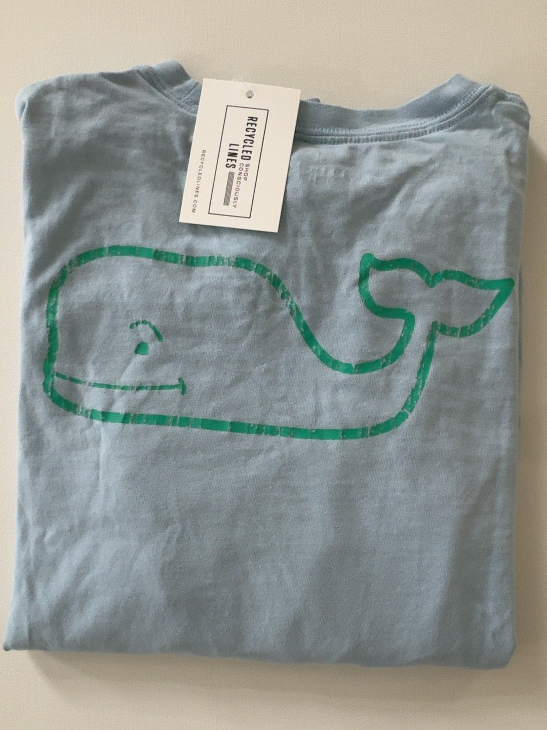 Original photo of light blue Vineyard Vines whale tee with green whale graphic, boys size L (16)