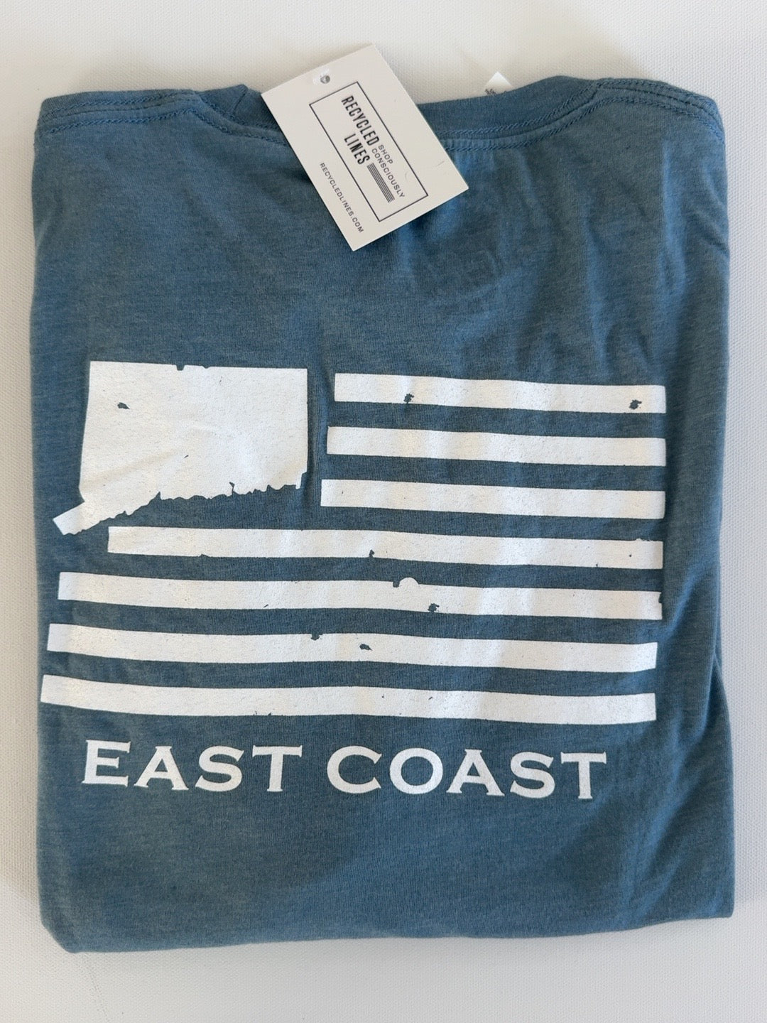 The 203 dusty blue long sleeve East Coast Connecticut flag graphic tee, men's small